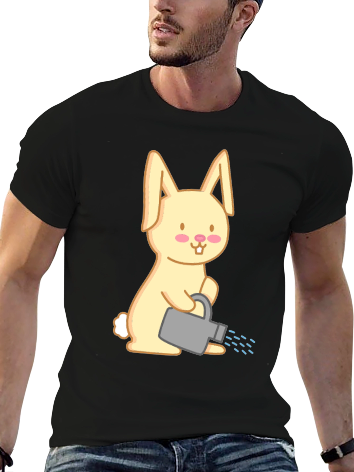 Bunny with Watering Can T-Shirt - Black Cotton Tee