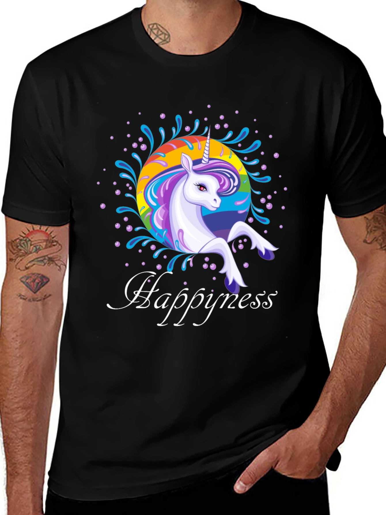 Rainbow Unicorn Happyness Black T-Shirt