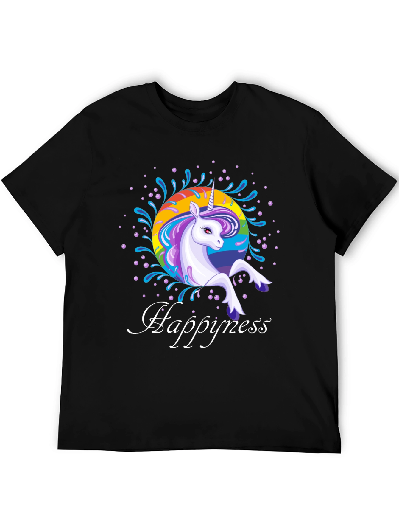 Rainbow Unicorn Happyness Black T-Shirt