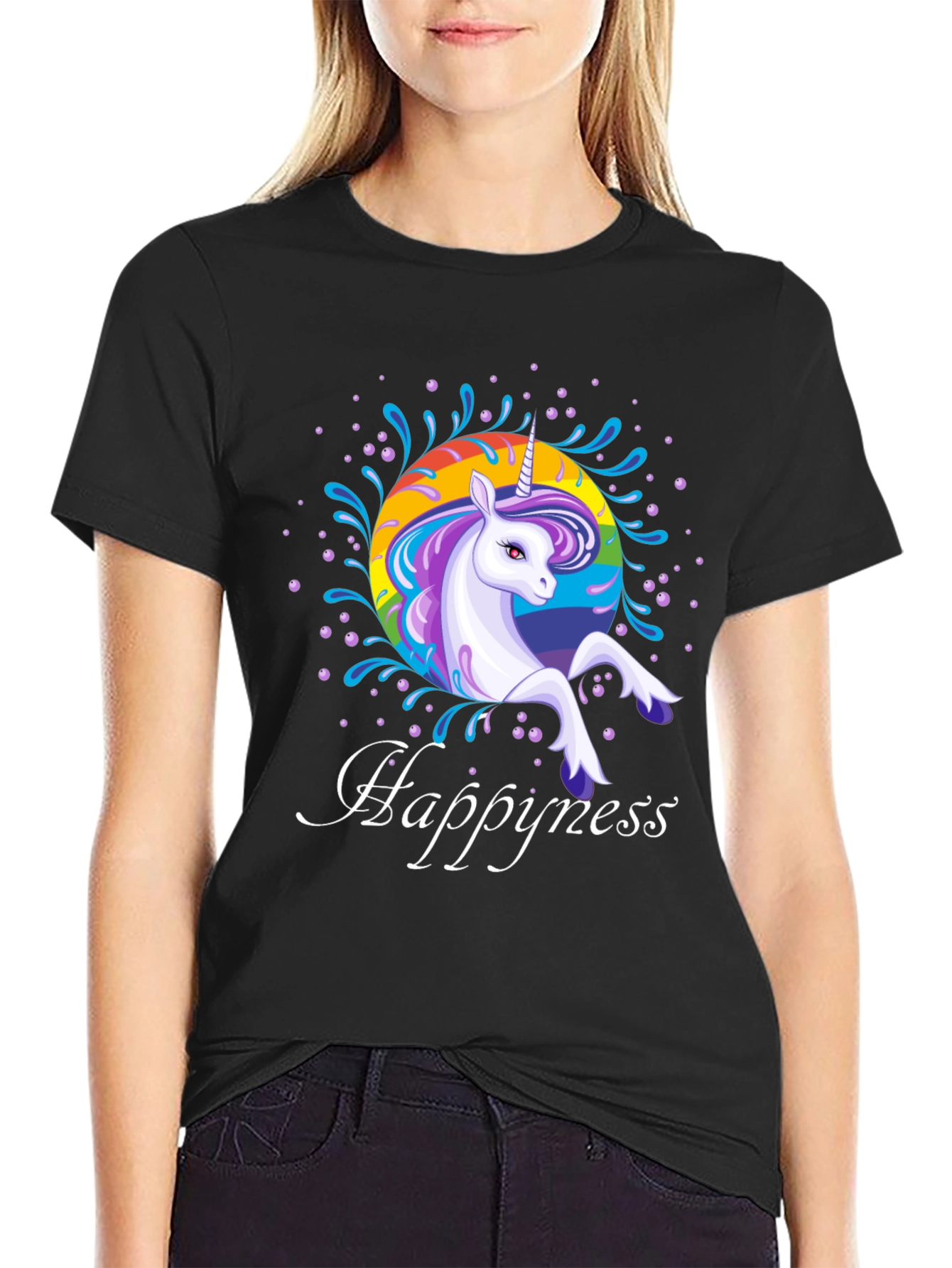 Rainbow Unicorn Happyness Black T-Shirt