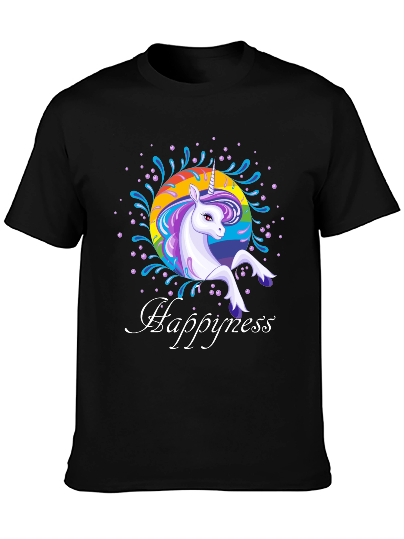 Rainbow Unicorn Happyness Black T-Shirt