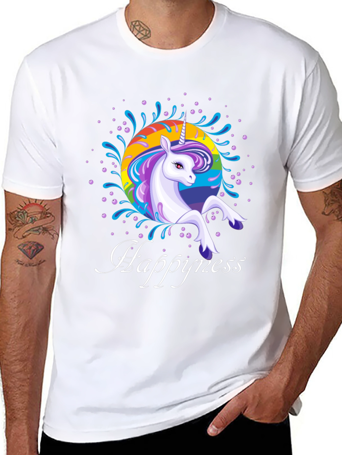 Rainbow Unicorn Happyness Black T-Shirt