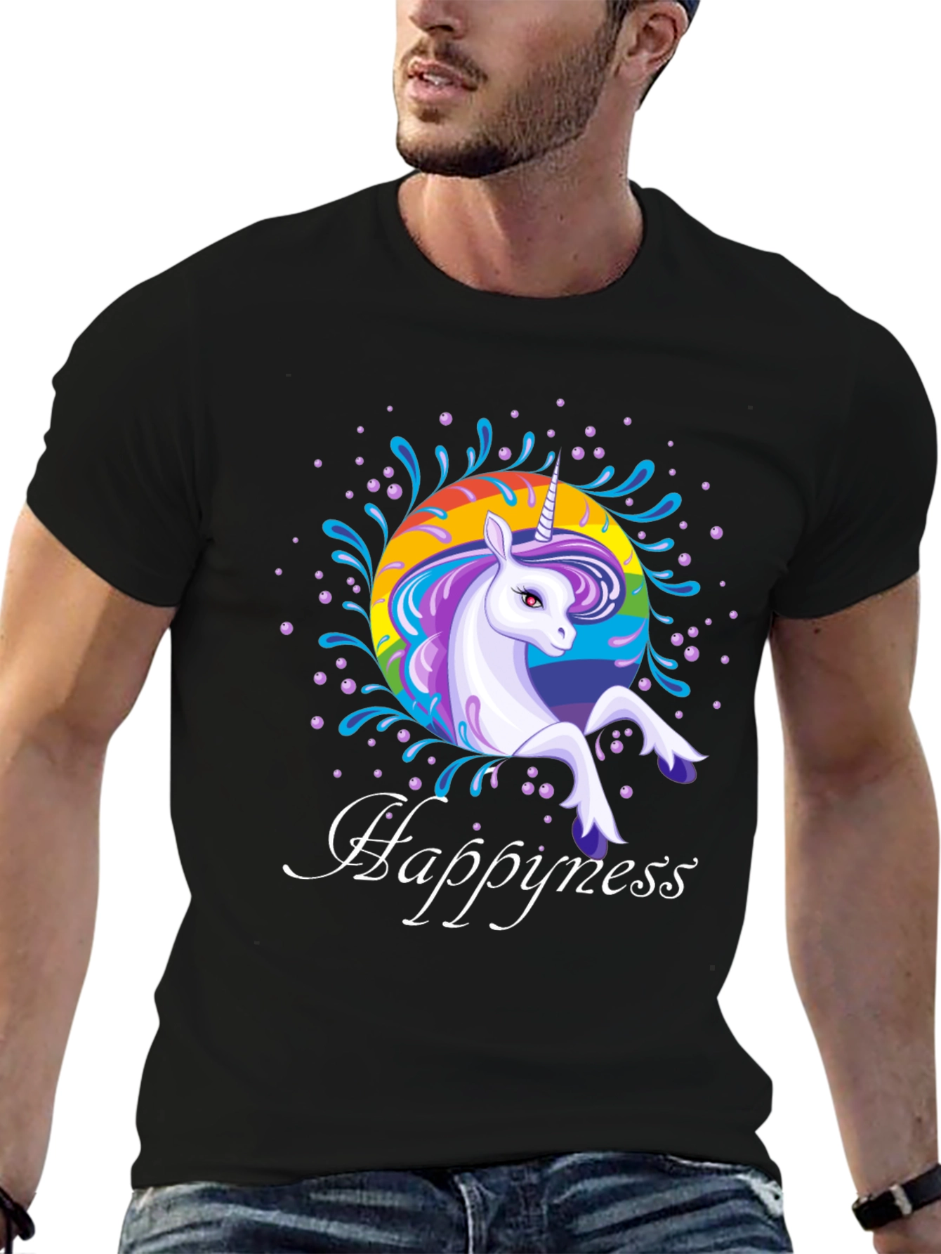 Rainbow Unicorn Happyness Black T-Shirt