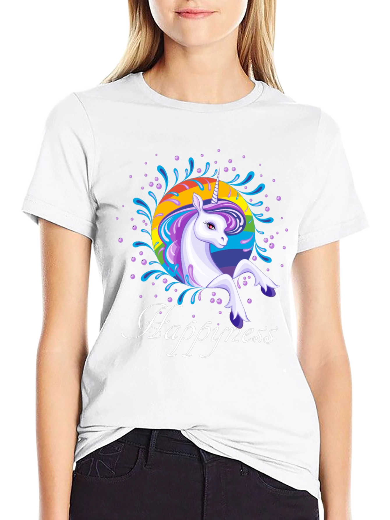 Rainbow Unicorn Happyness Black T-Shirt