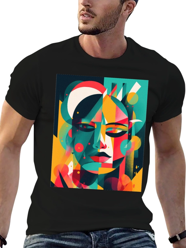 Abstract Geometric Face Graphic Black T-Shirt