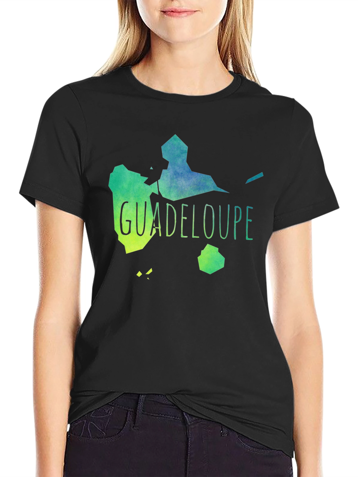 Guadeloupe Map T-Shirt Black Cotton Casual Style