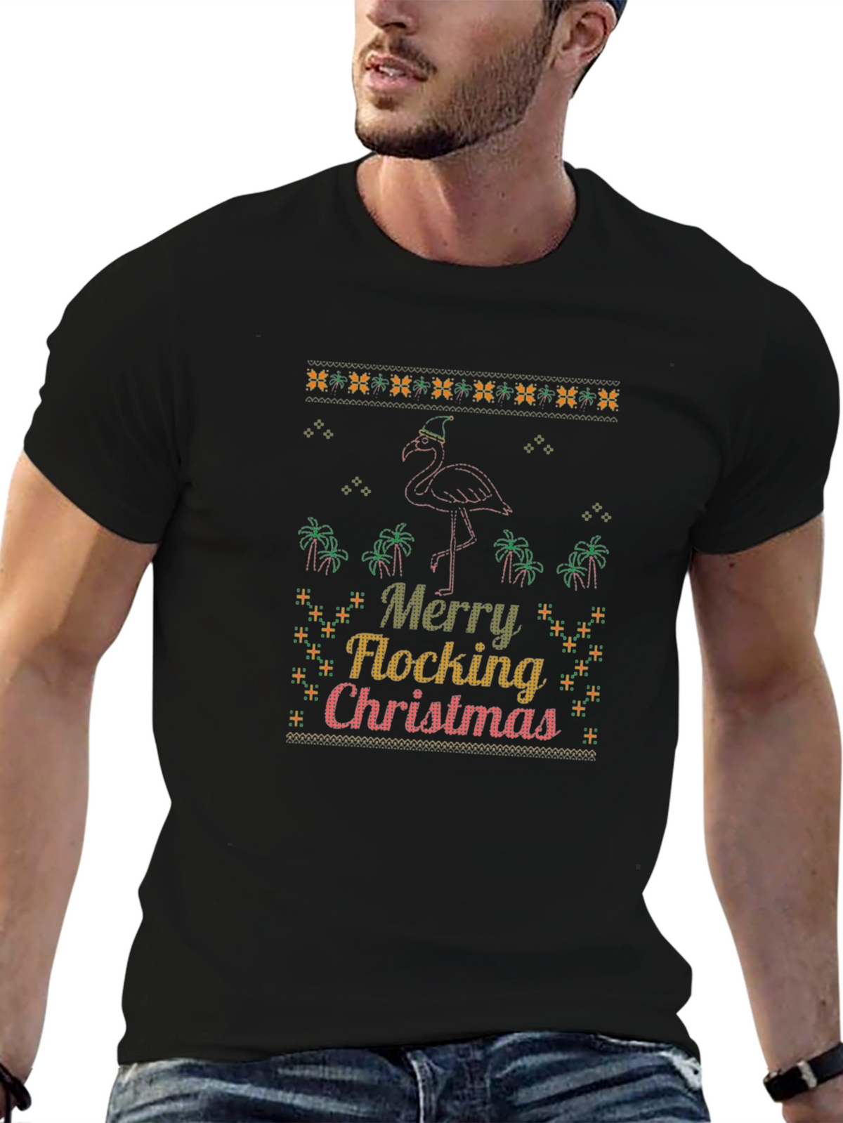 Merry Flocking Christmas Flamingo Graphic Tee