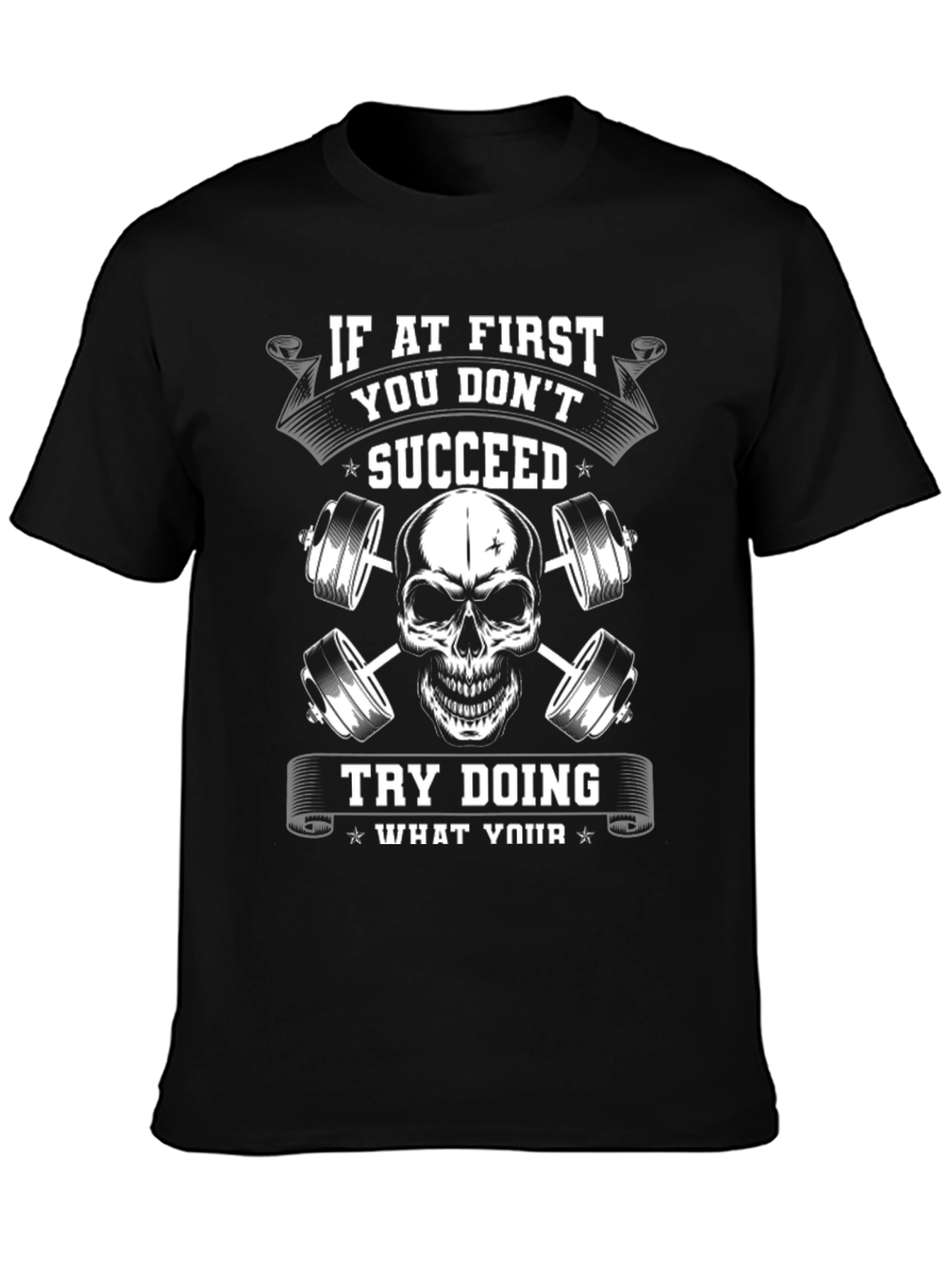 Motivational Gym T-Shirt - Skull and Barbells Design