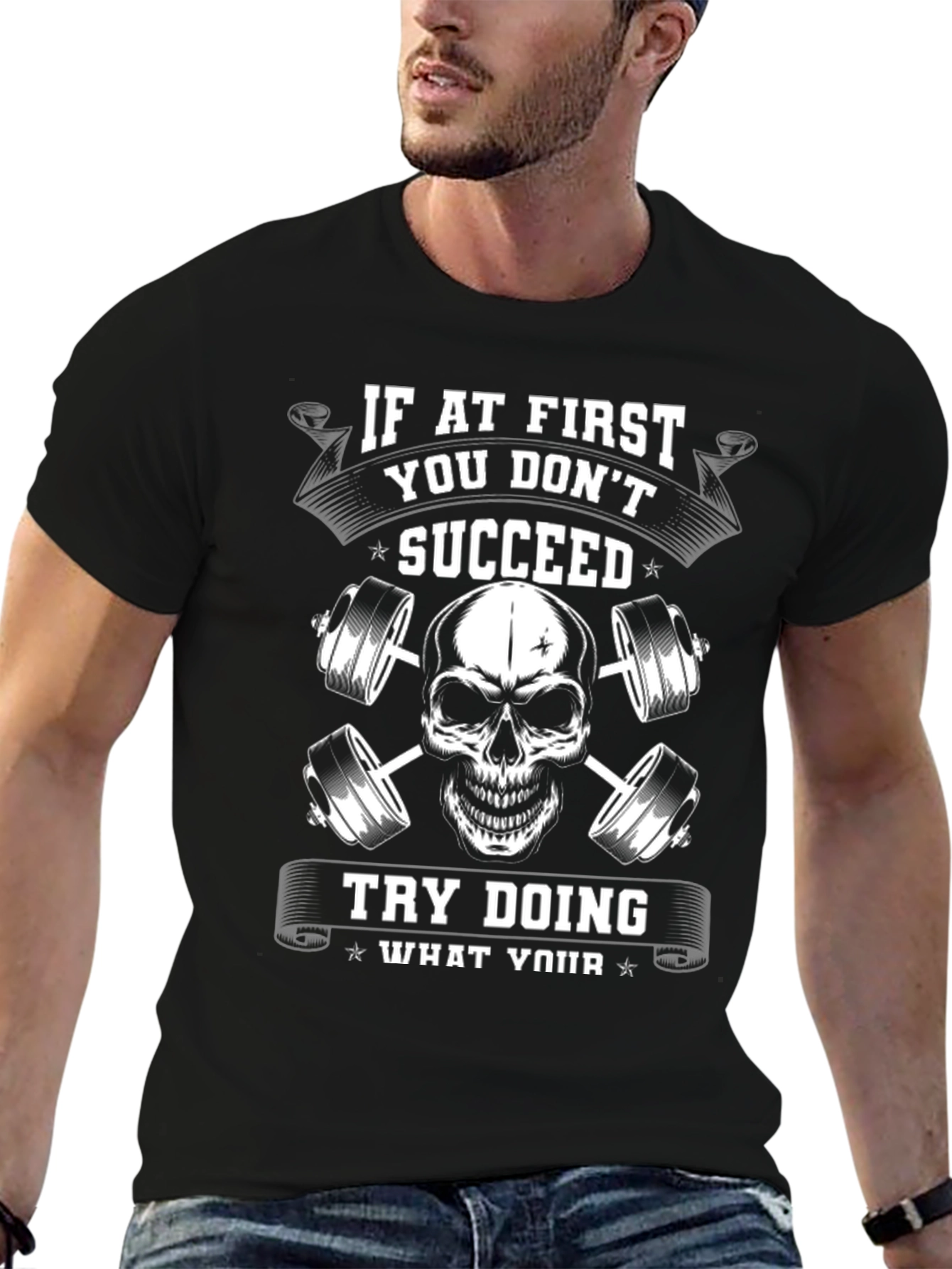 Motivational Gym T-Shirt - Skull and Barbells Design