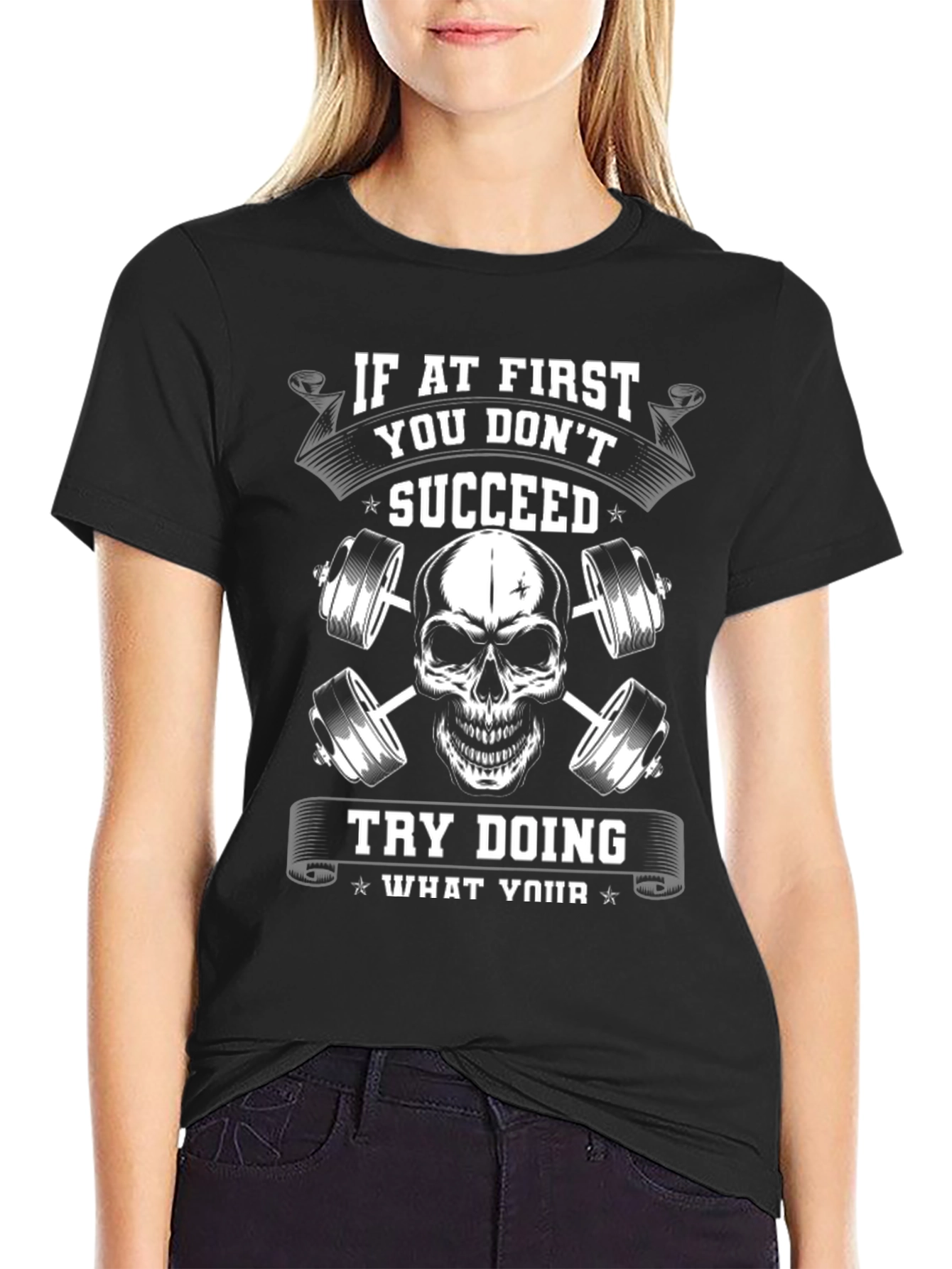 Motivational Gym T-Shirt - Skull and Barbells Design