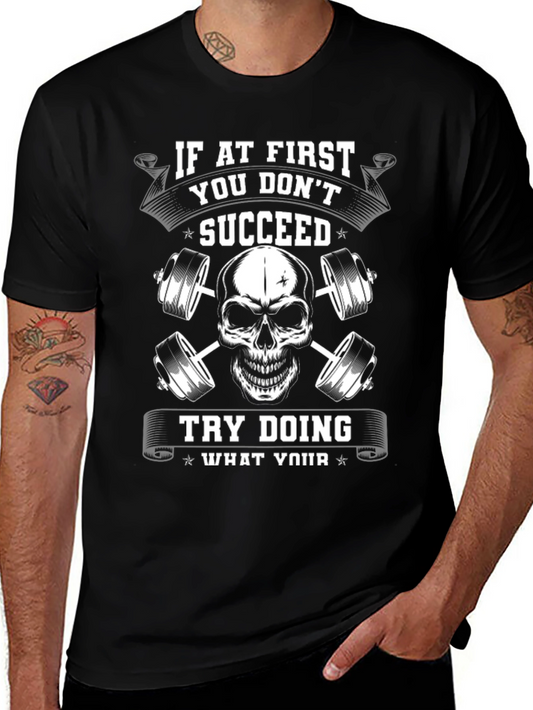Motivational Gym T-Shirt - Skull and Barbells Design