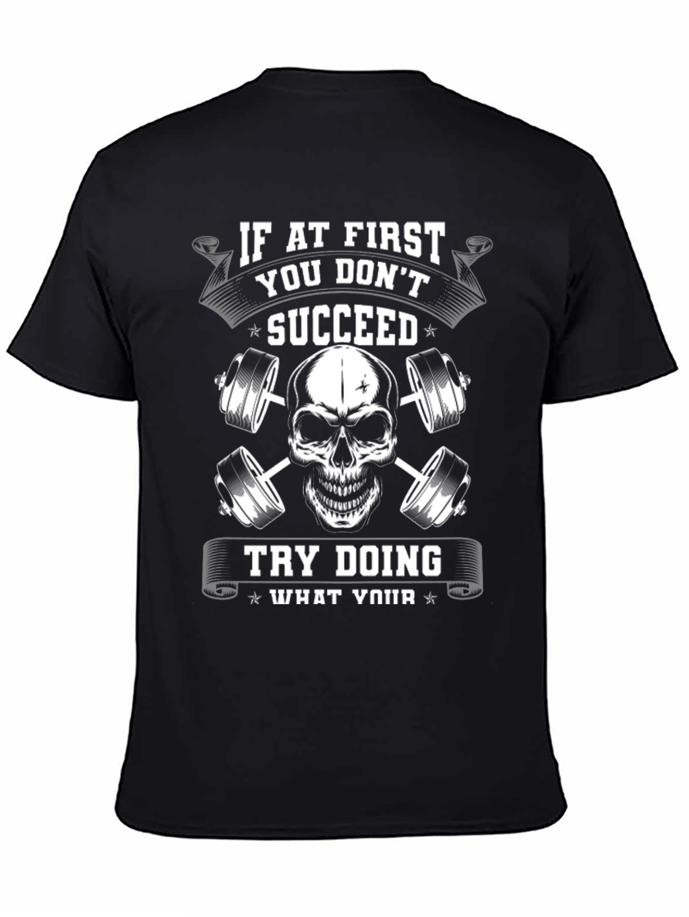 Motivational Gym T-Shirt - Skull and Barbells Design