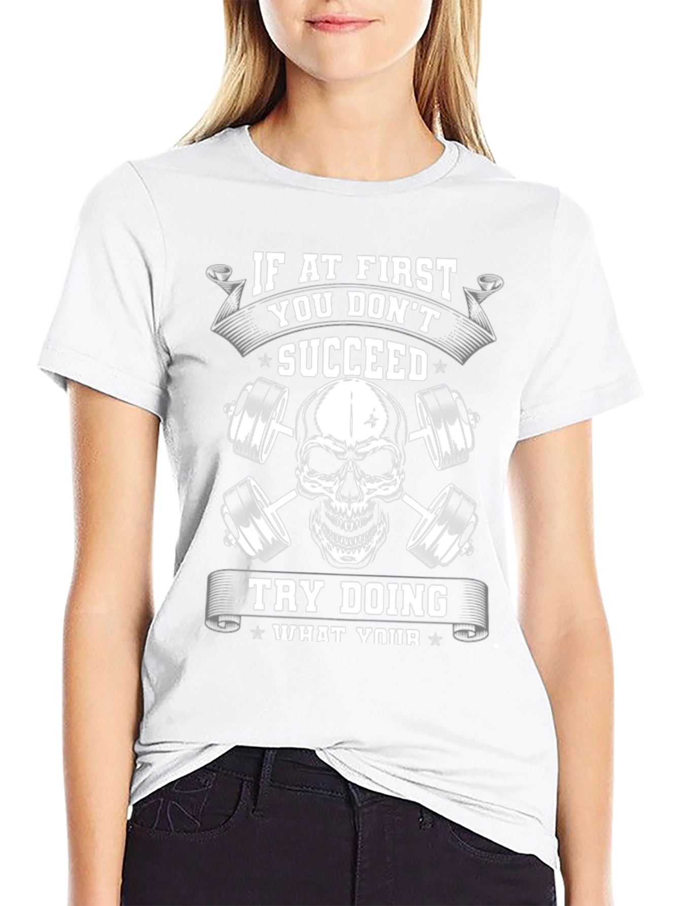 Motivational Gym T-Shirt - Skull and Barbells Design