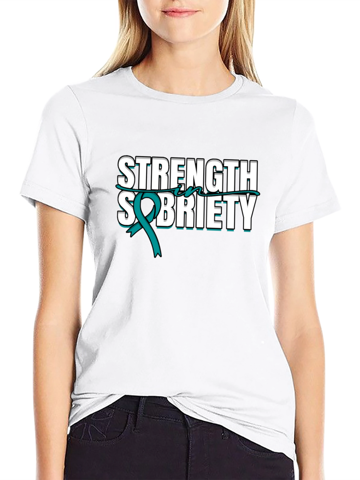 Strength Sobriety Teal Ribbon Black T-Shirt
