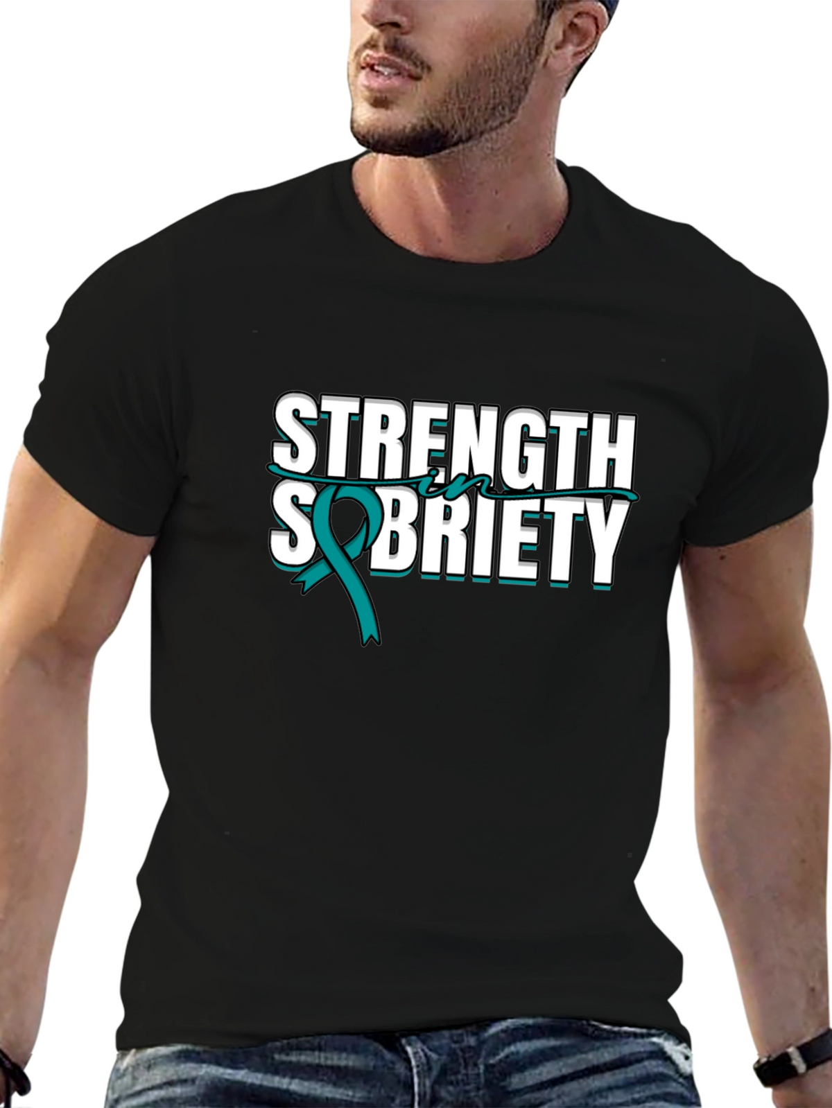Strength Sobriety Teal Ribbon Black T-Shirt
