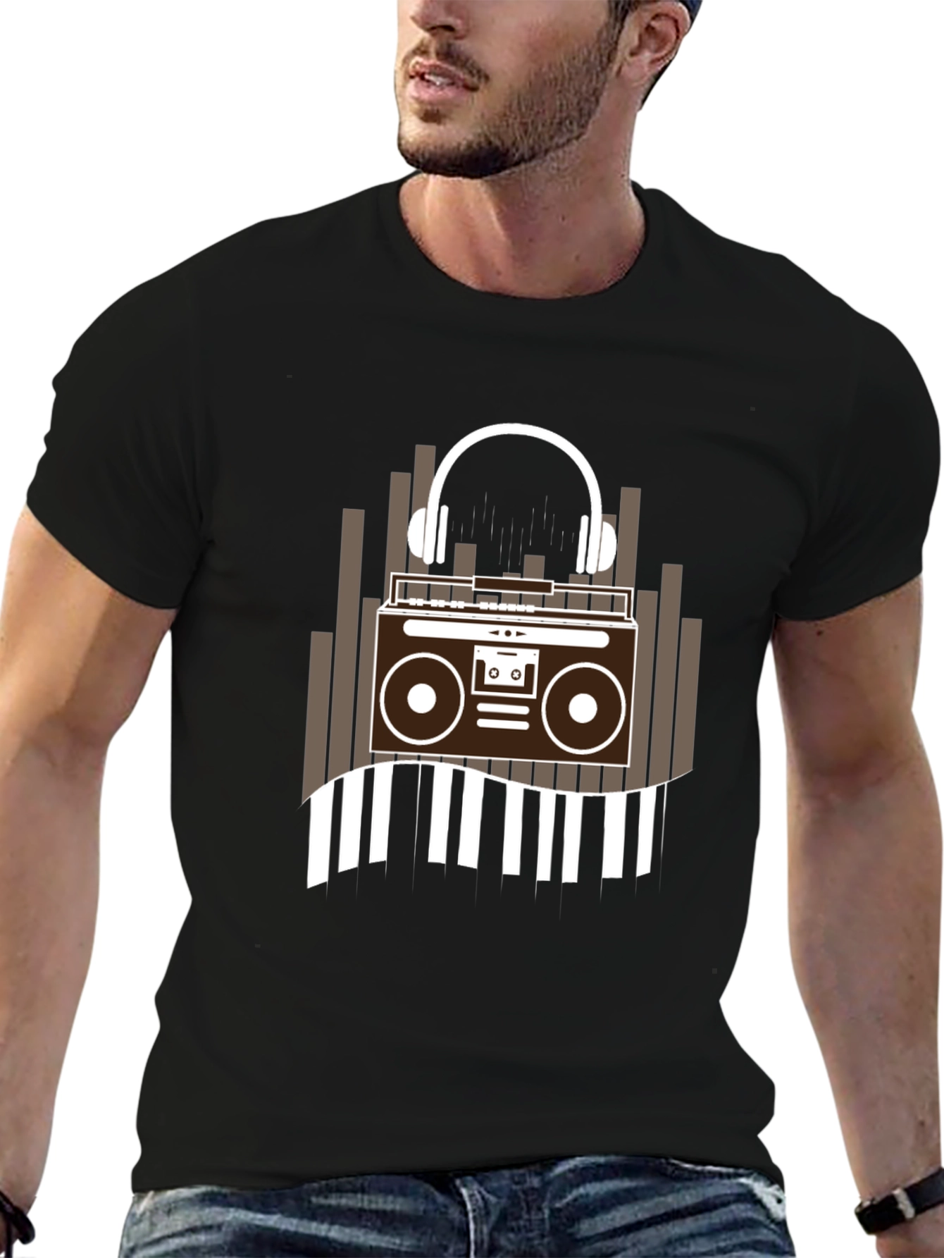 Retro Music Graphic Tee - Boombox and Headphones
