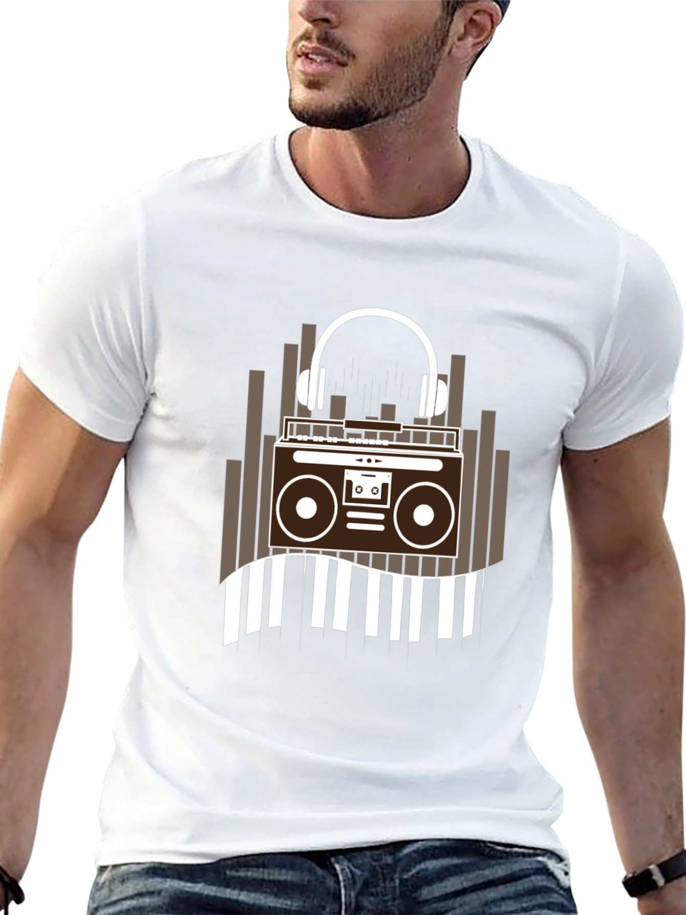 Retro Music Graphic Tee - Boombox and Headphones