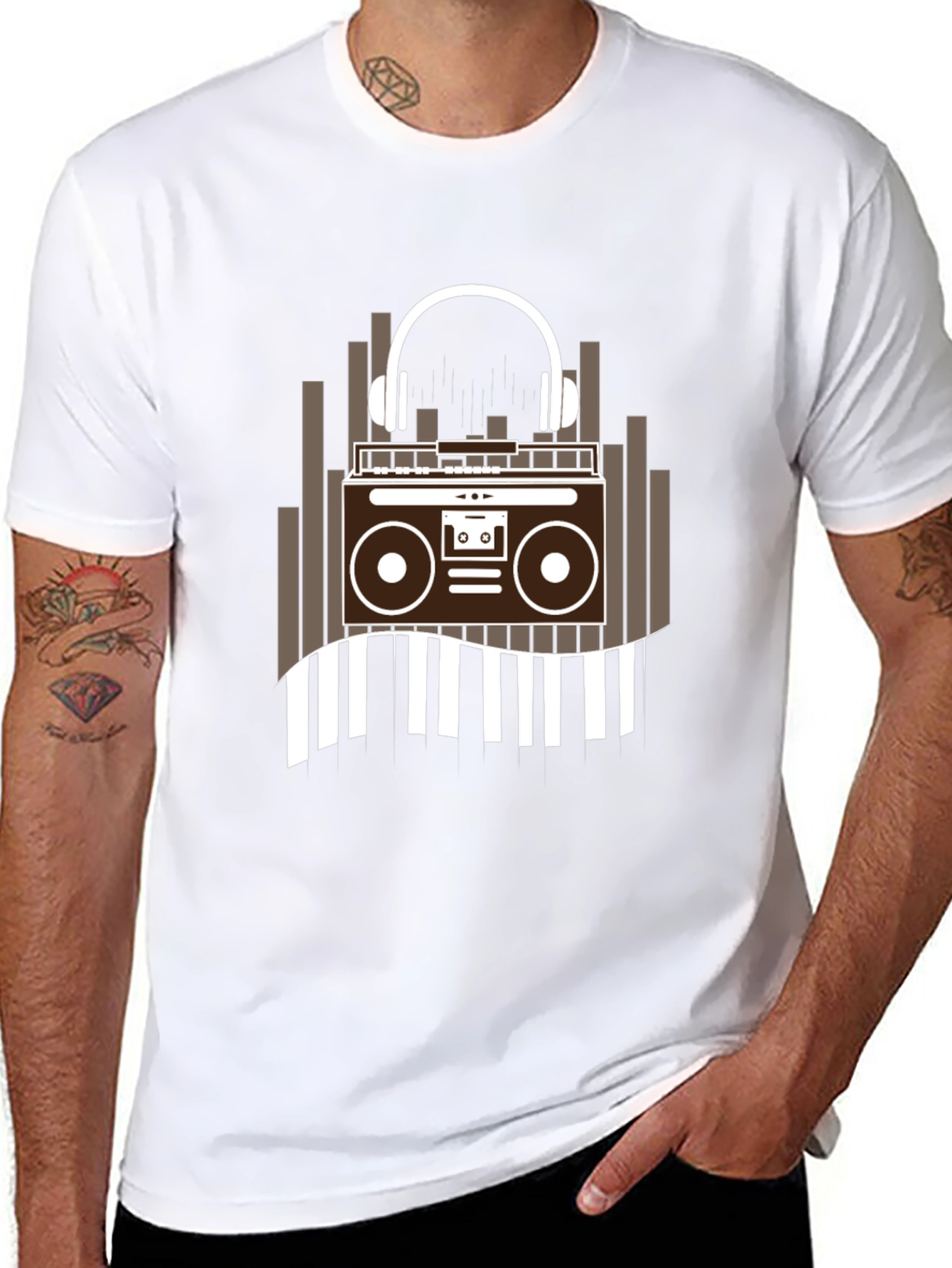 Retro Music Graphic Tee - Boombox and Headphones