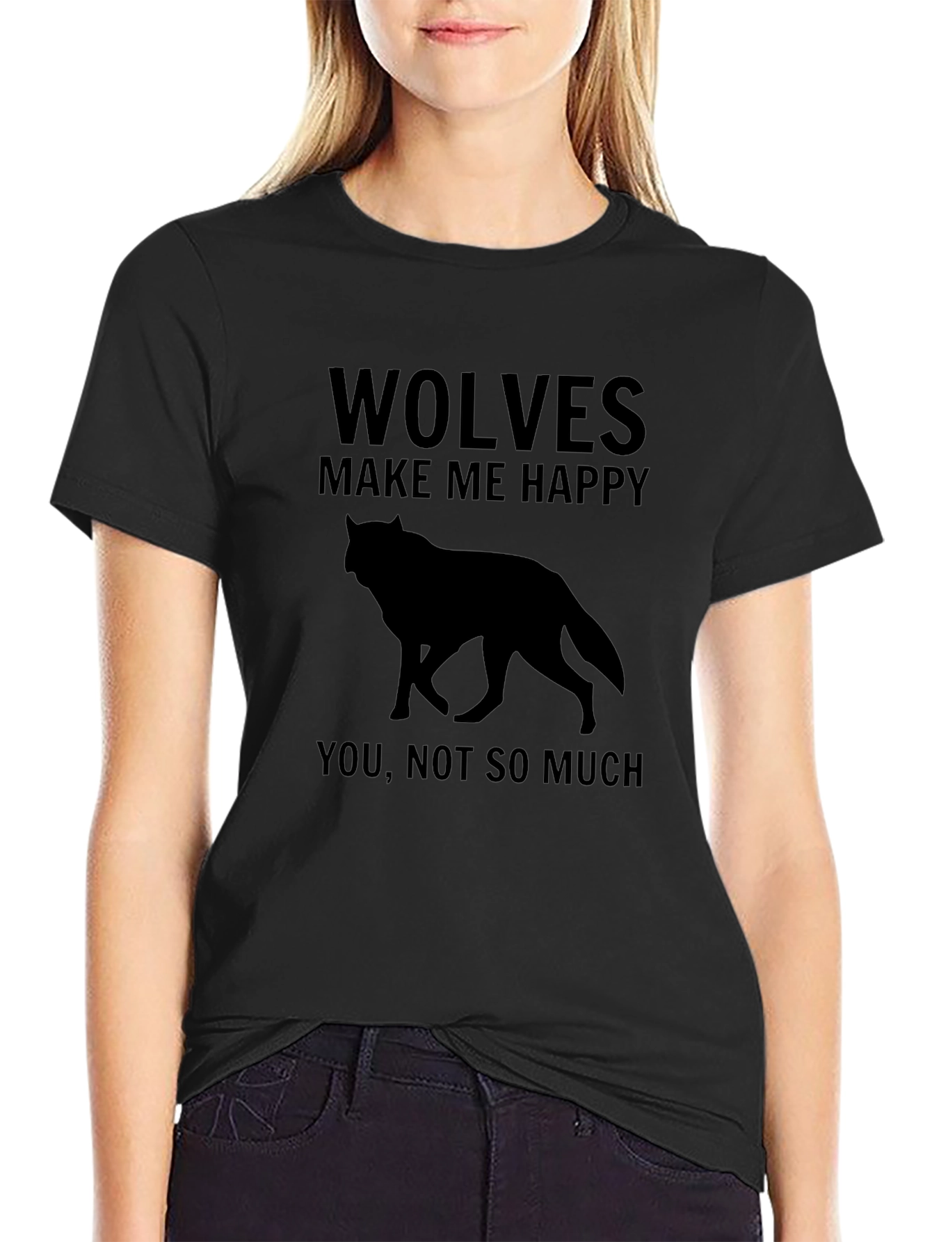 Wolves Make Me Happy Black Graphic T-Shirt