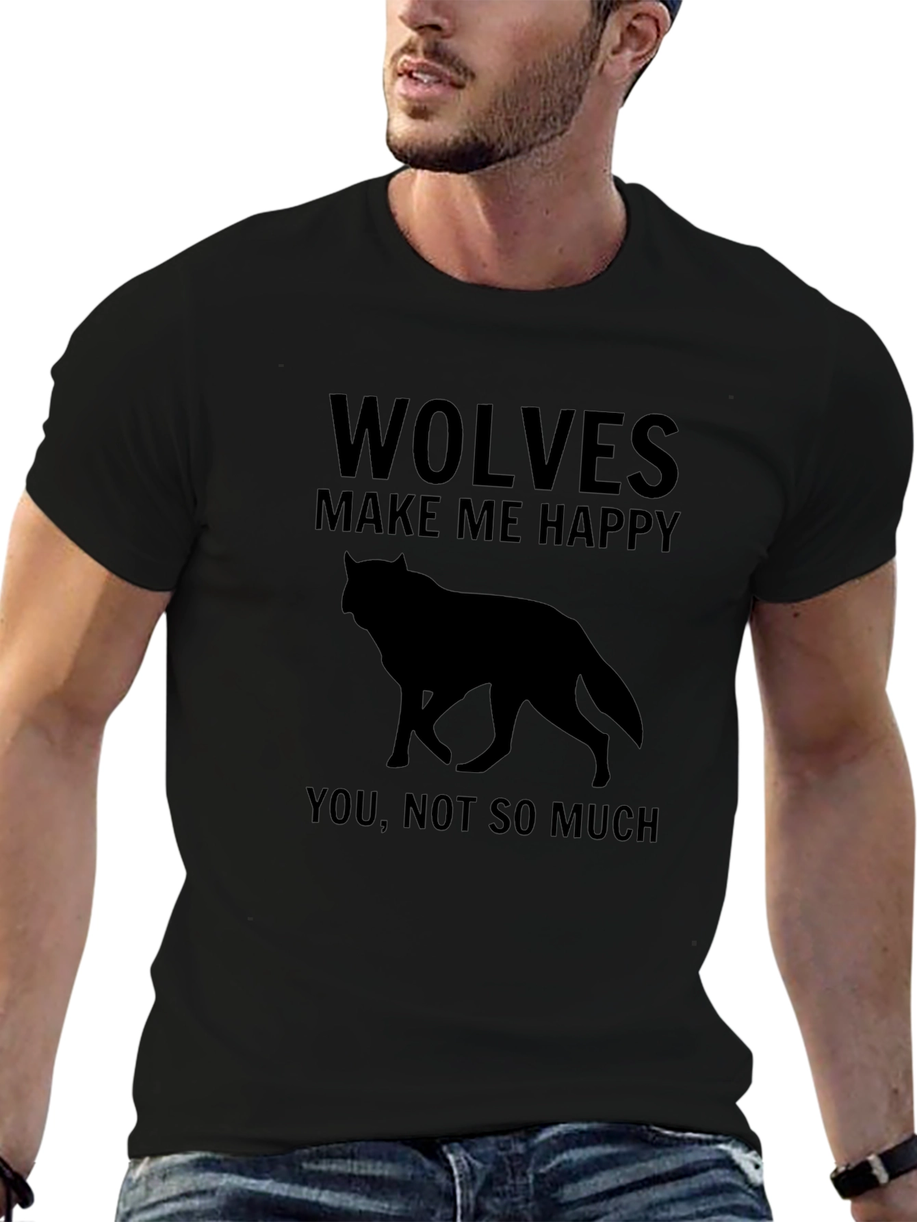 Wolves Make Me Happy Black Graphic T-Shirt