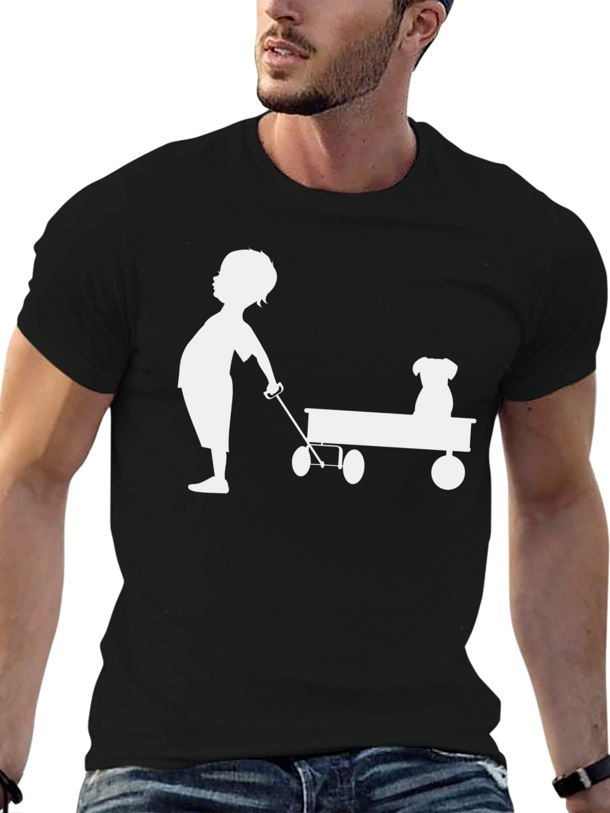 Boy and Dog Wagon Tee - Classic Black Cotton