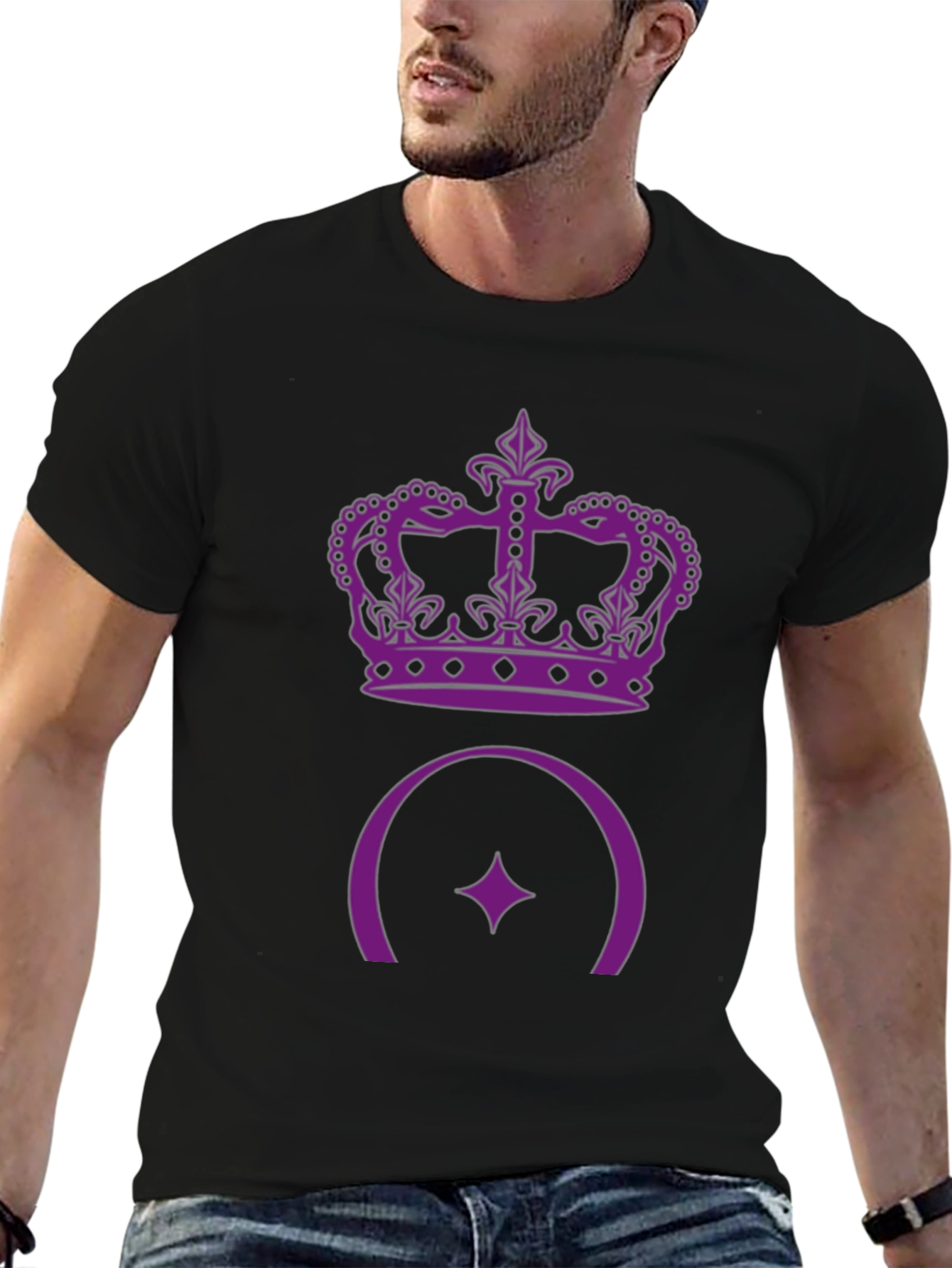 Purple Crown & Star Design Black T-Shirt