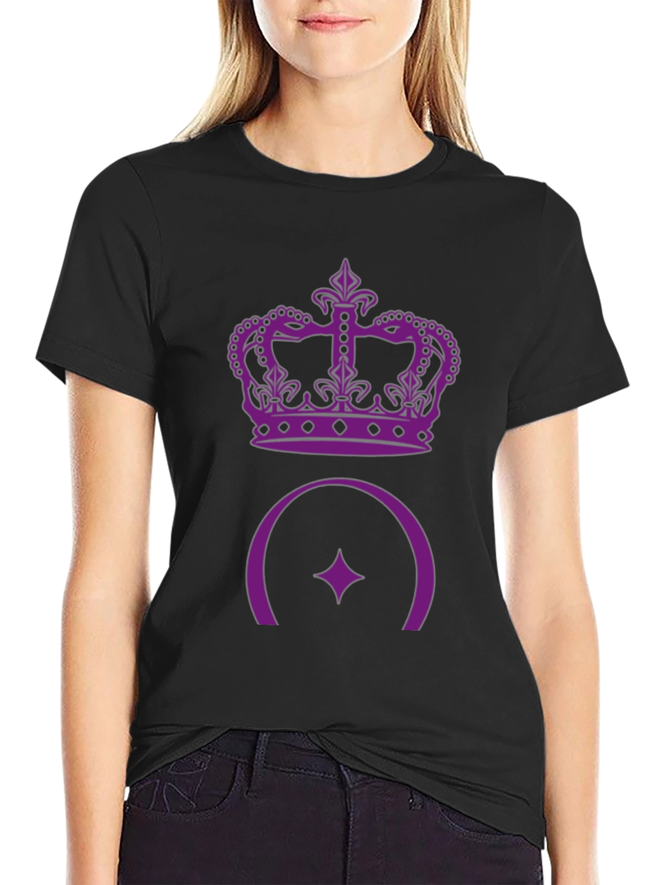 Purple Crown & Star Design Black T-Shirt