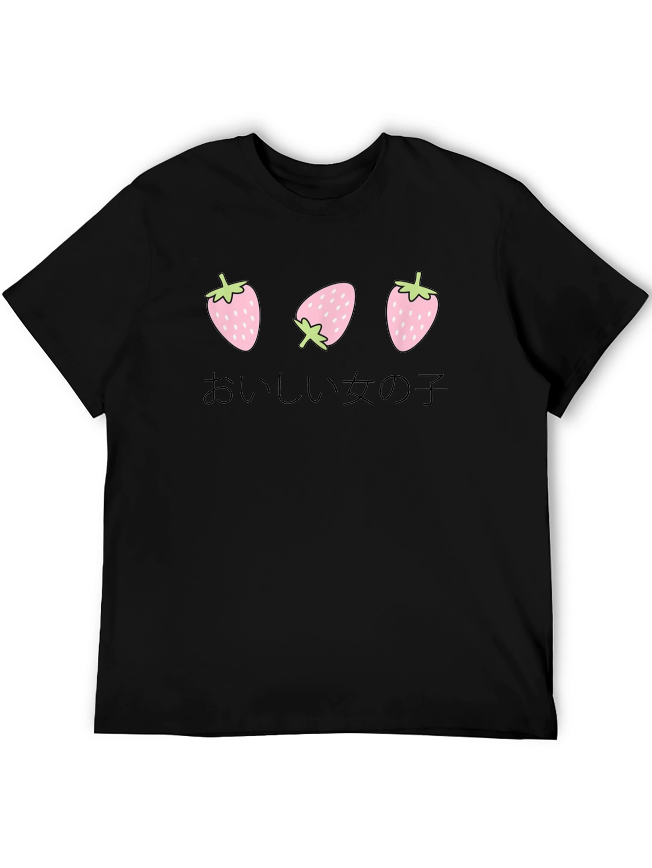Strawberry Girl Japanese Text Black T-Shirt