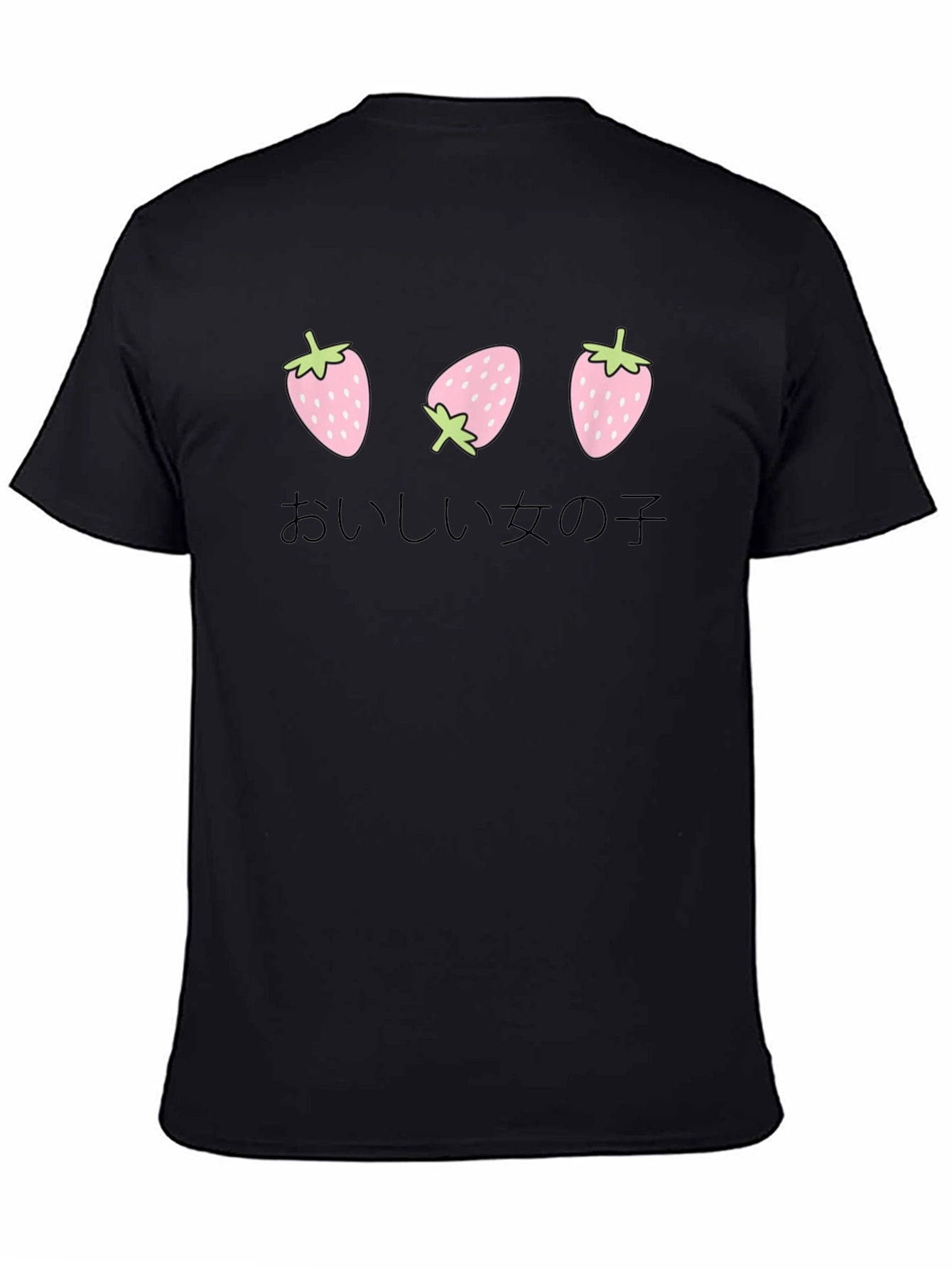 Strawberry Girl Japanese Text Black T-Shirt