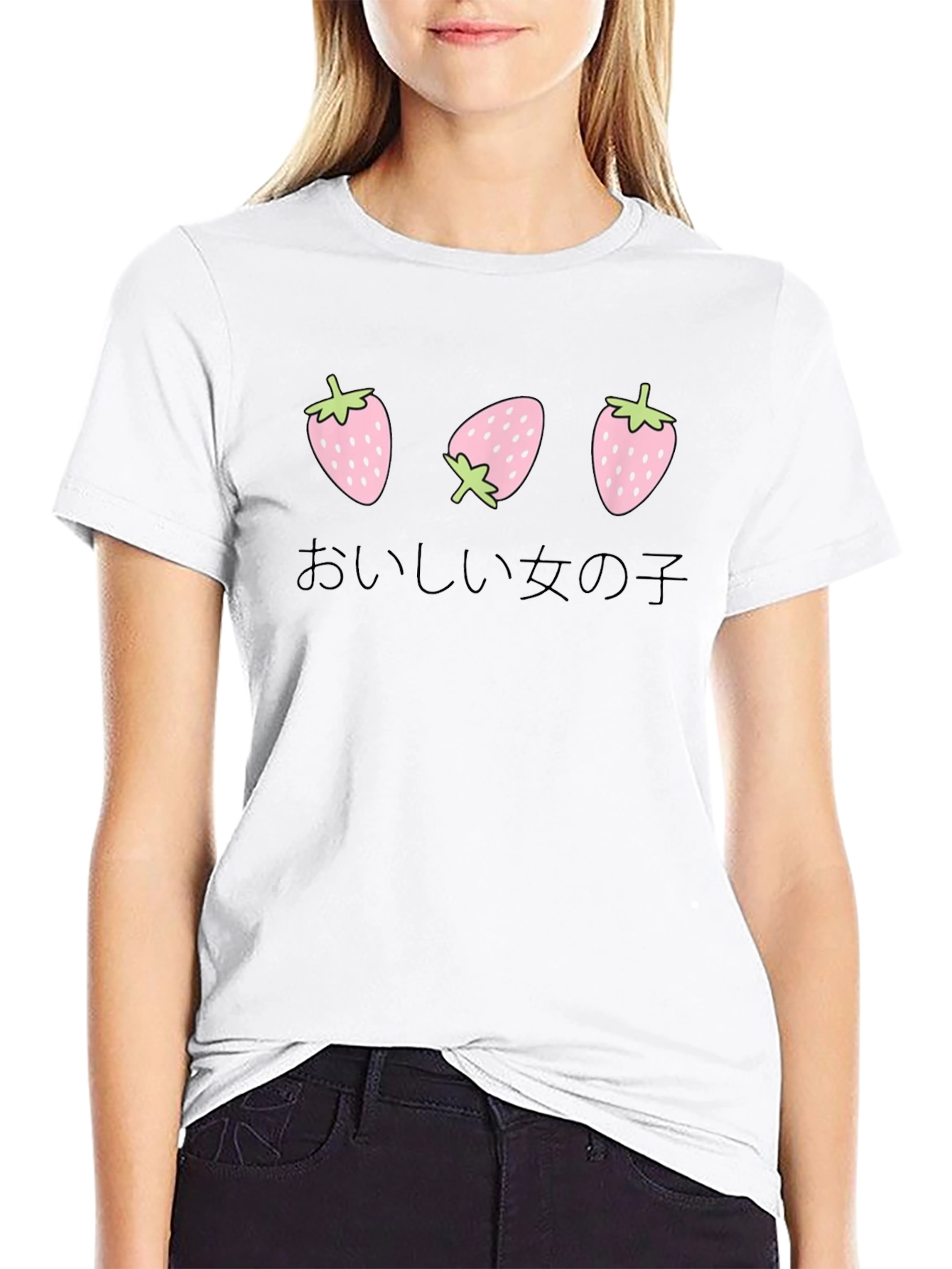 Strawberry Girl Japanese Text Black T-Shirt