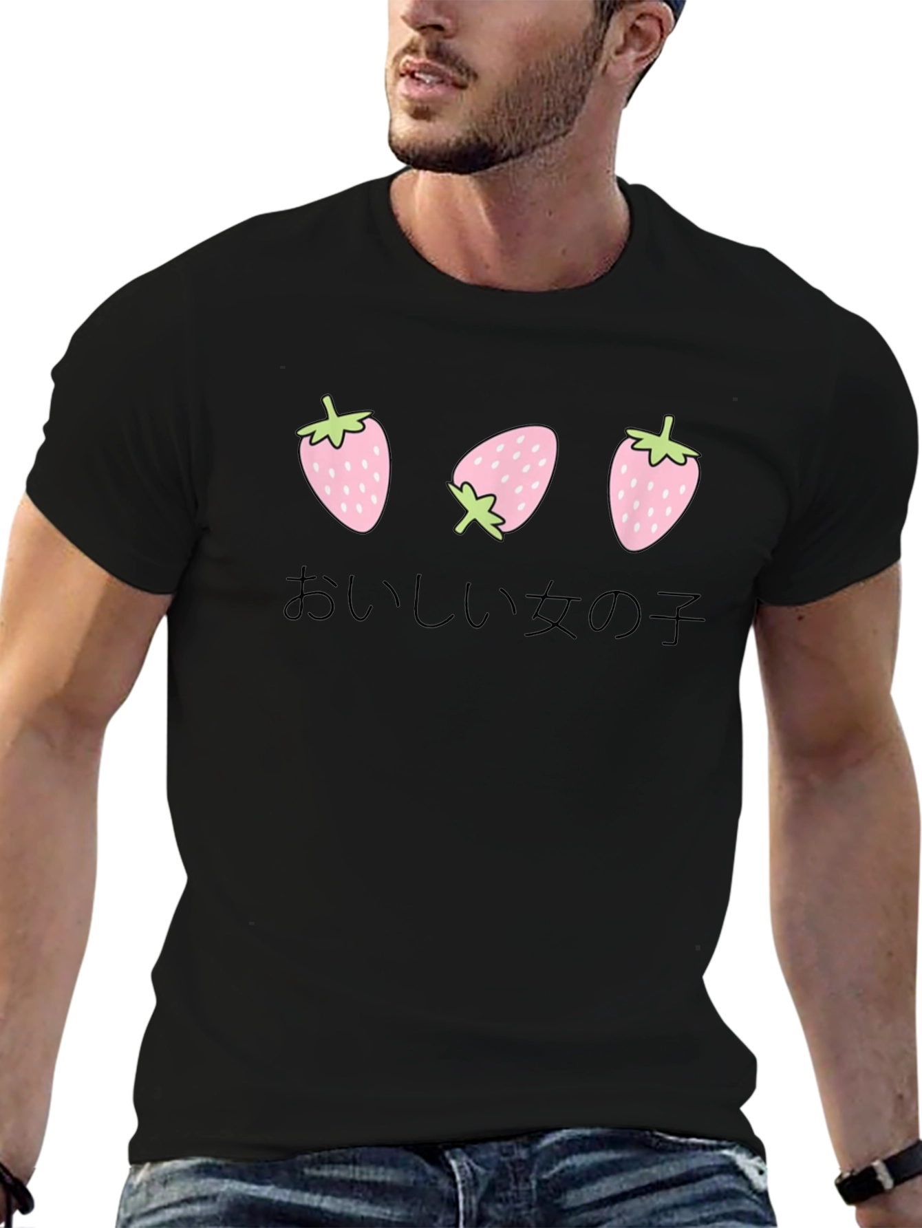 Strawberry Girl Japanese Text Black T-Shirt