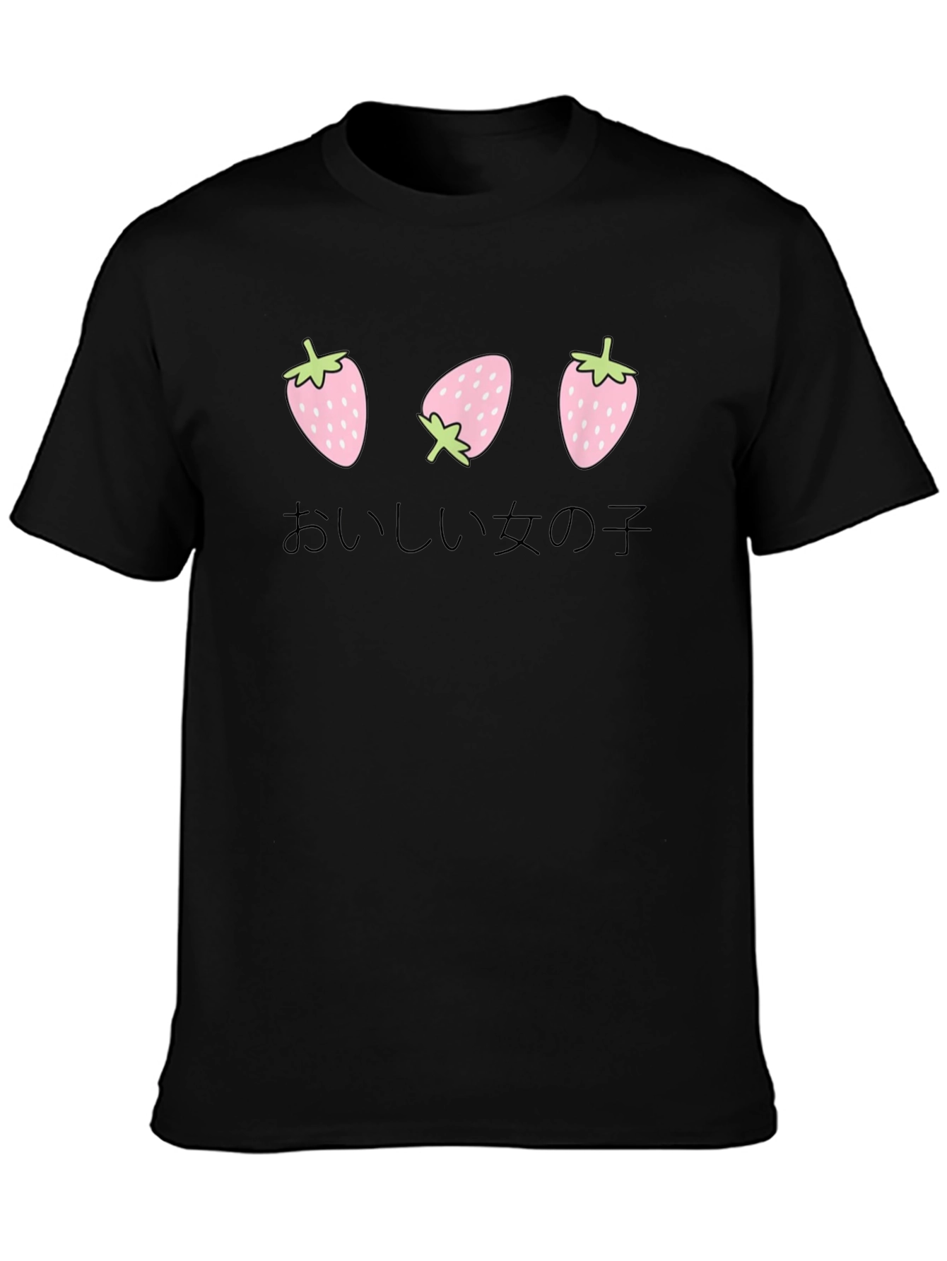 Strawberry Girl Japanese Text Black T-Shirt
