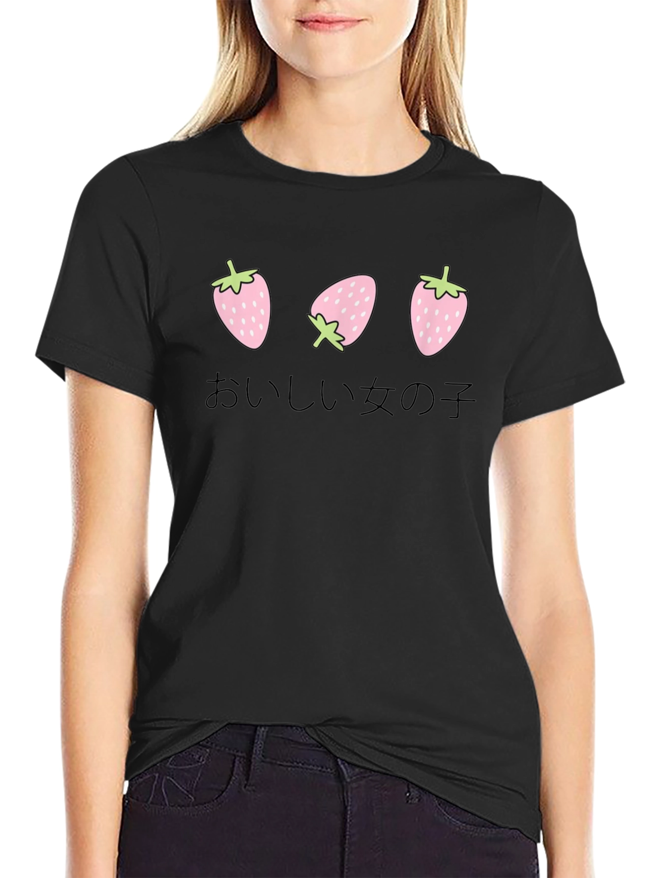 Strawberry Girl Japanese Text Black T-Shirt