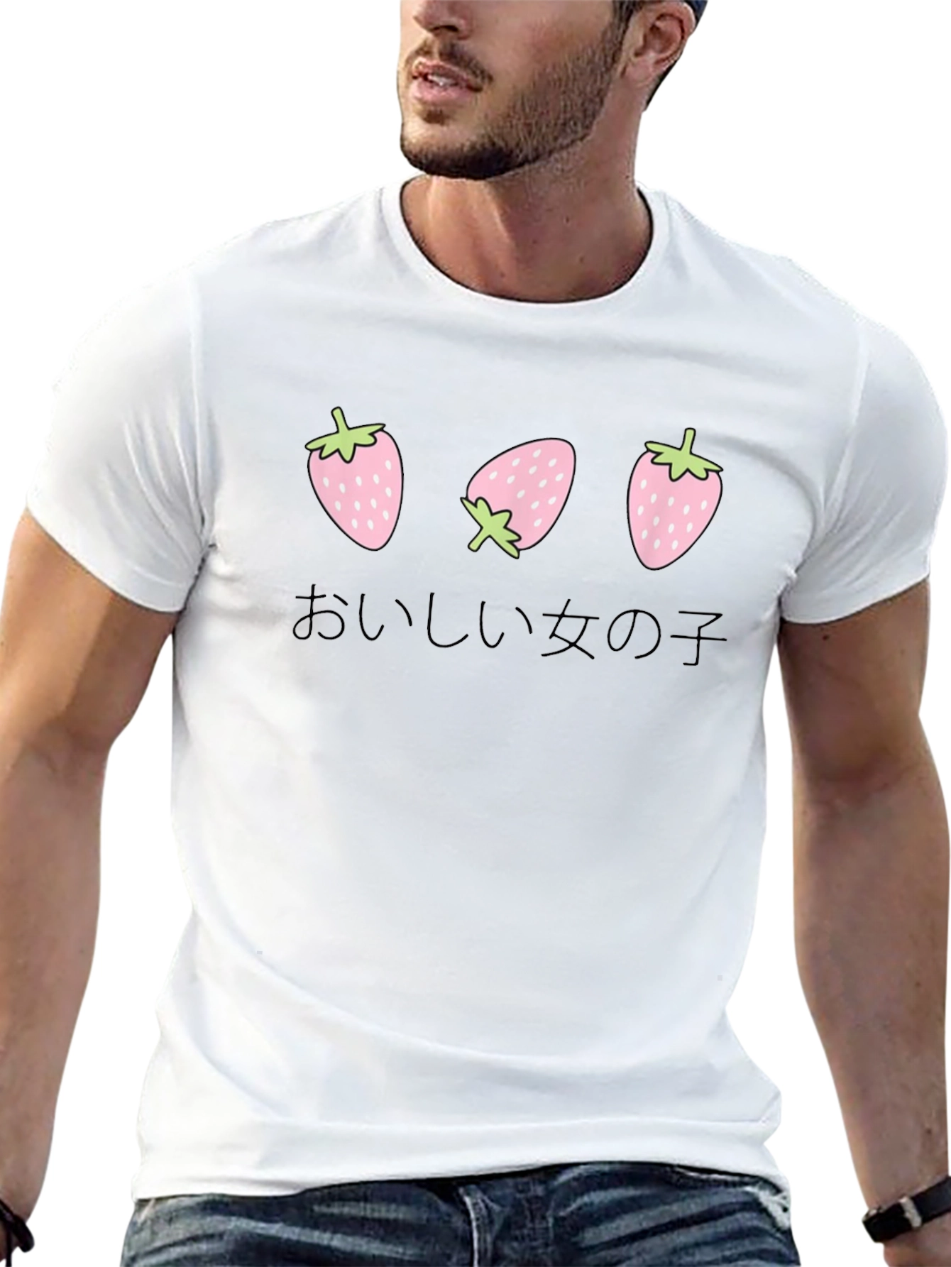 Strawberry Girl Japanese Text Black T-Shirt