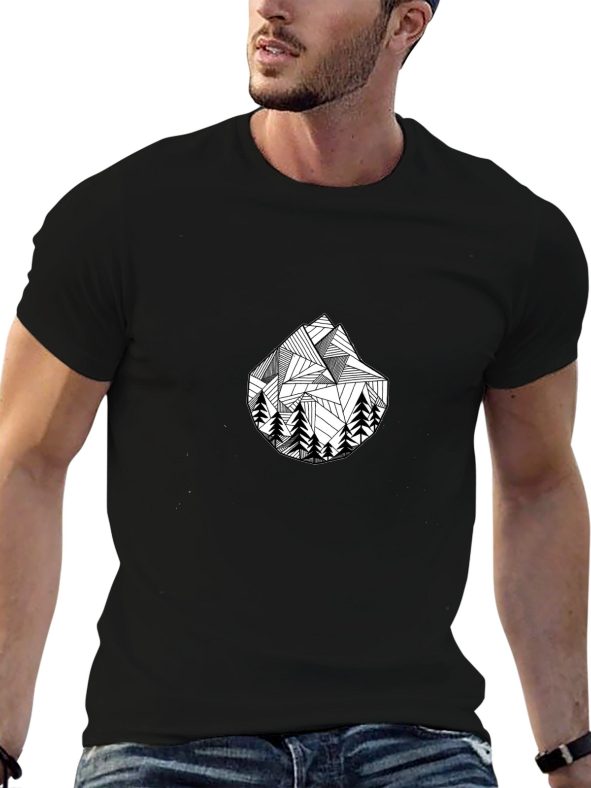 Geometric Mountain & Trees Black T-Shirt