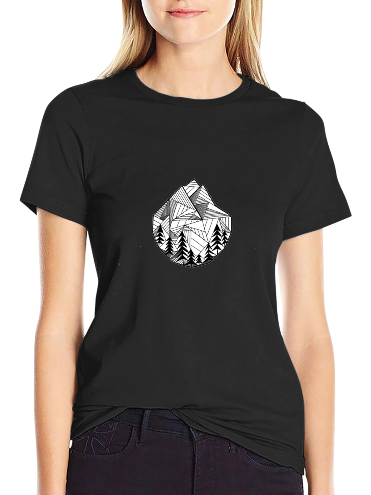 Geometric Mountain & Trees Black T-Shirt