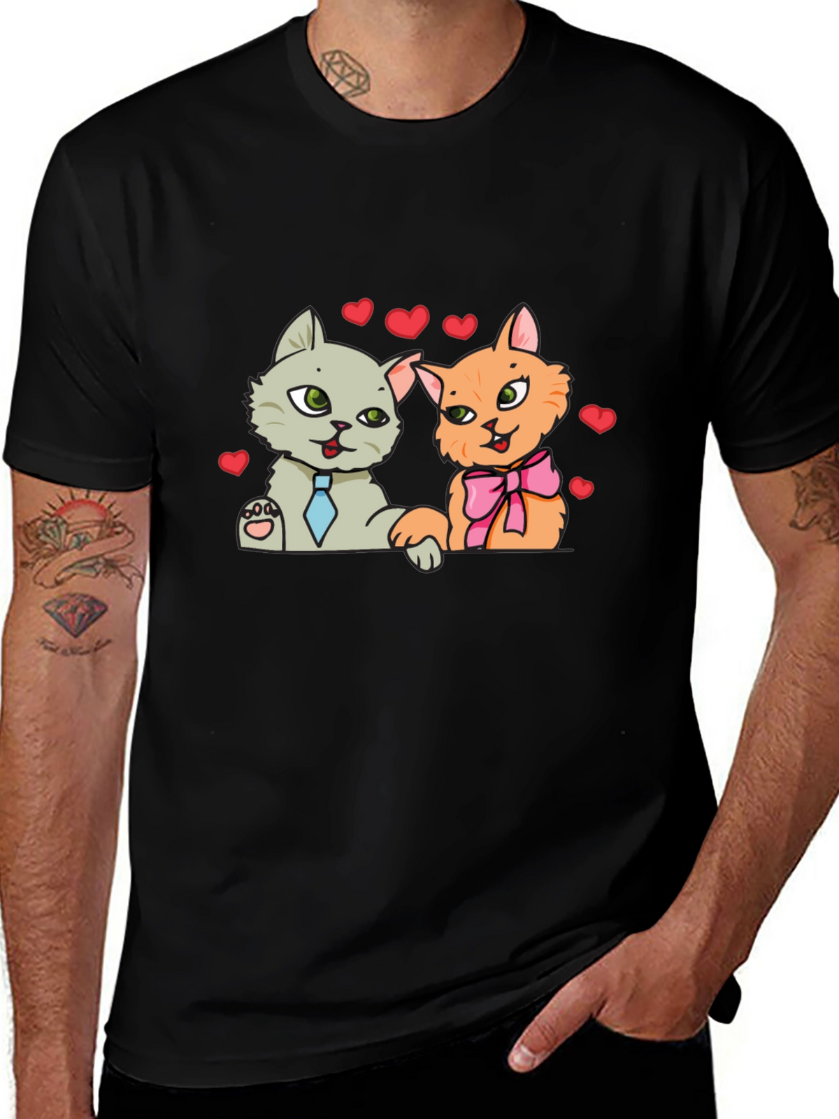Cute Cats in Love Black T-Shirt
