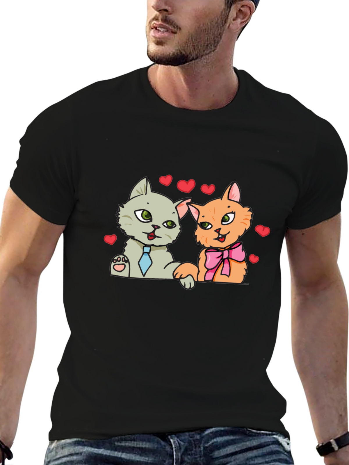 Cute Cats in Love Black T-Shirt