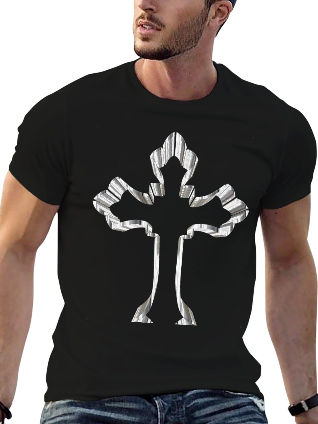 Striped Cross Graphic Black Tee