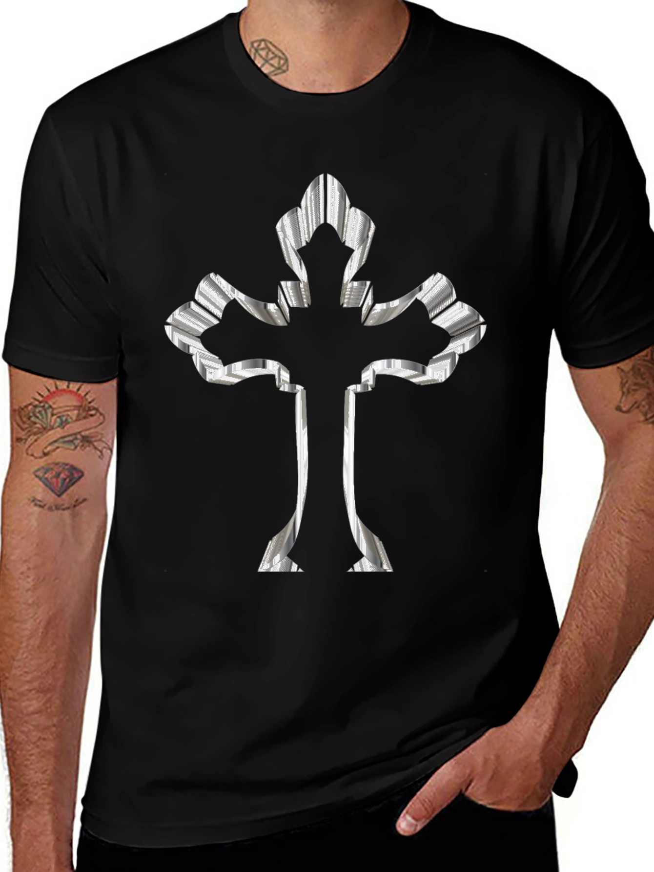 Striped Cross Graphic Black Tee