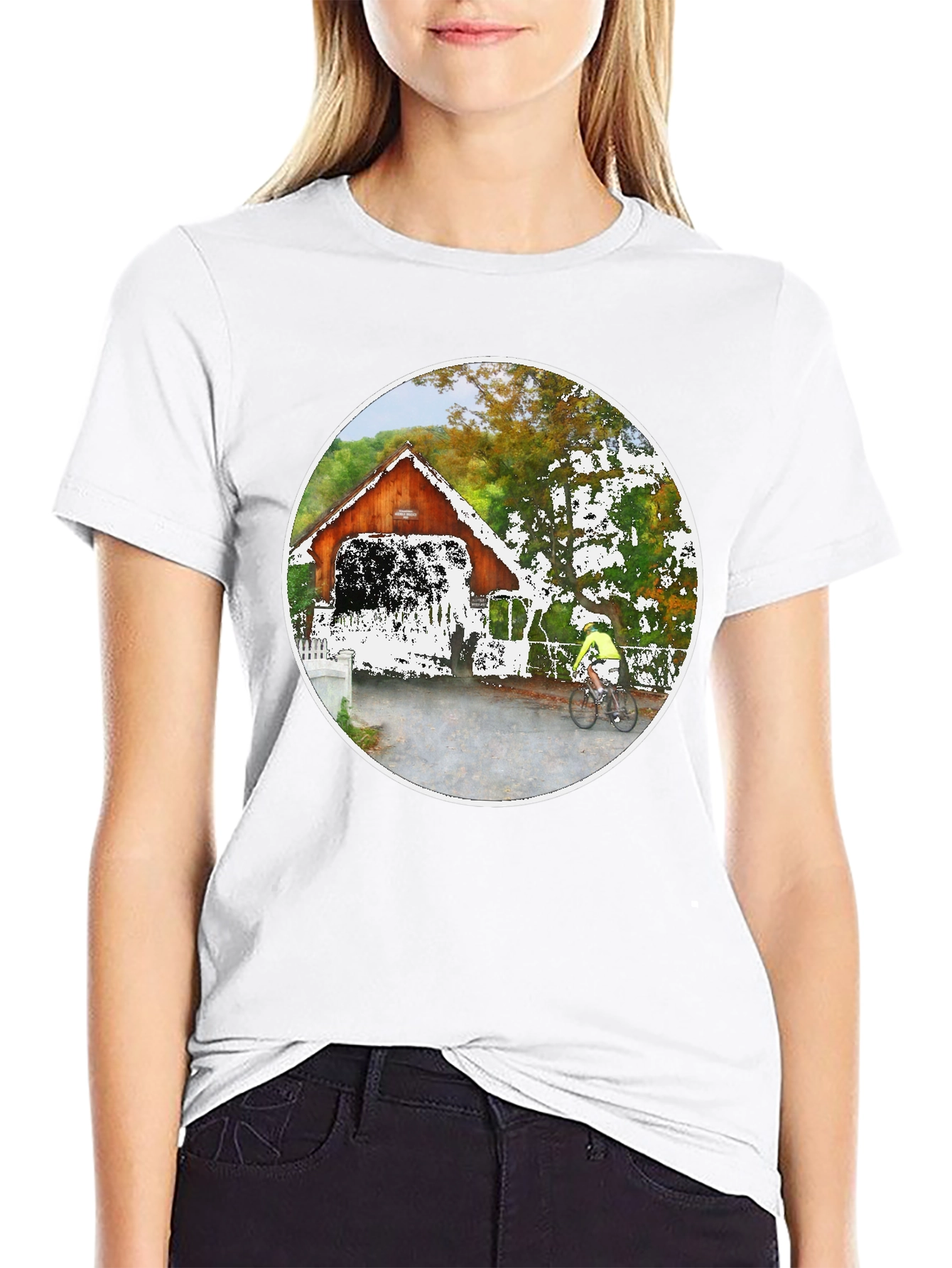 Covered Bridge Bicyclist Graphic T-Shirt