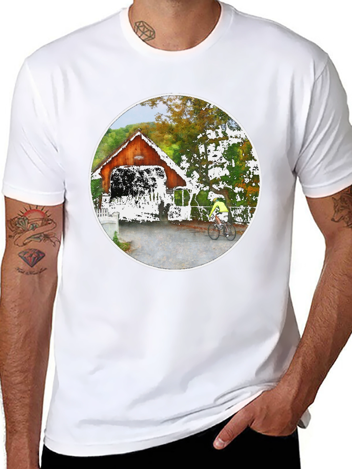 Covered Bridge Bicyclist Graphic T-Shirt