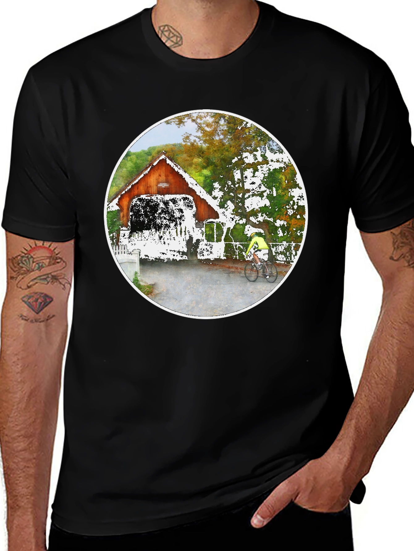 Covered Bridge Bicyclist Graphic T-Shirt