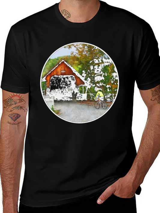 Covered Bridge Bicyclist Graphic T-Shirt