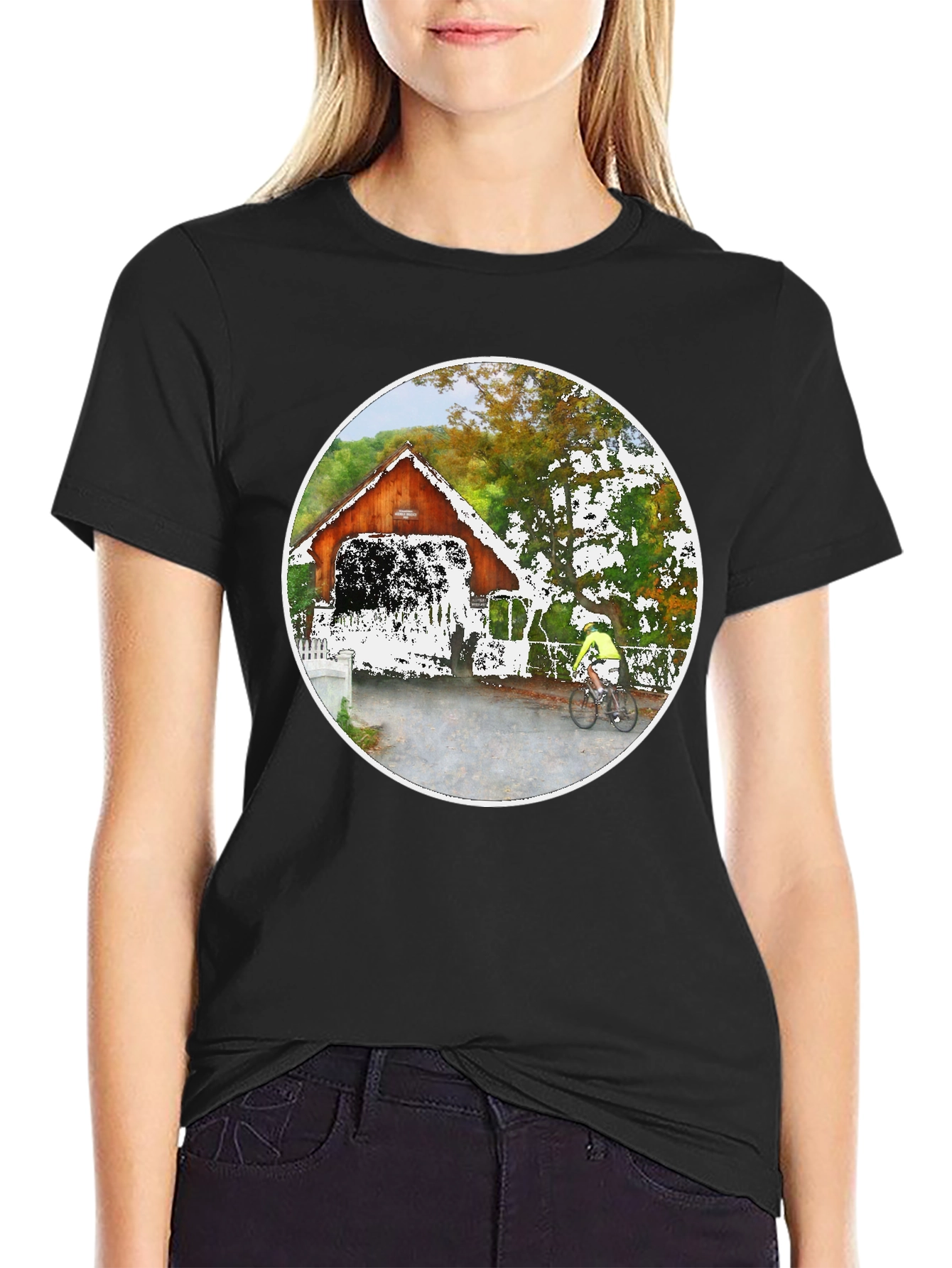 Covered Bridge Bicyclist Graphic T-Shirt