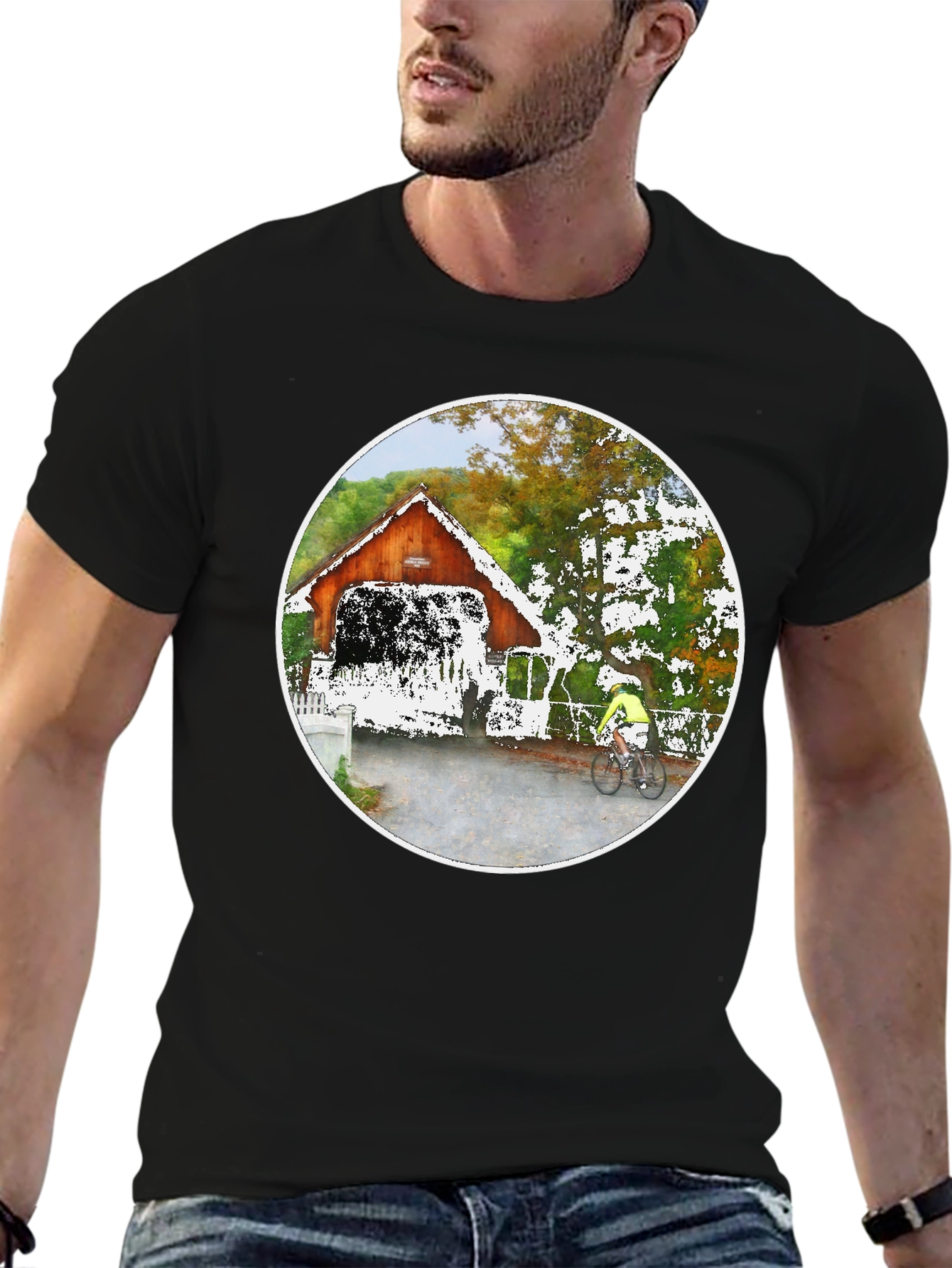 Covered Bridge Bicyclist Graphic T-Shirt