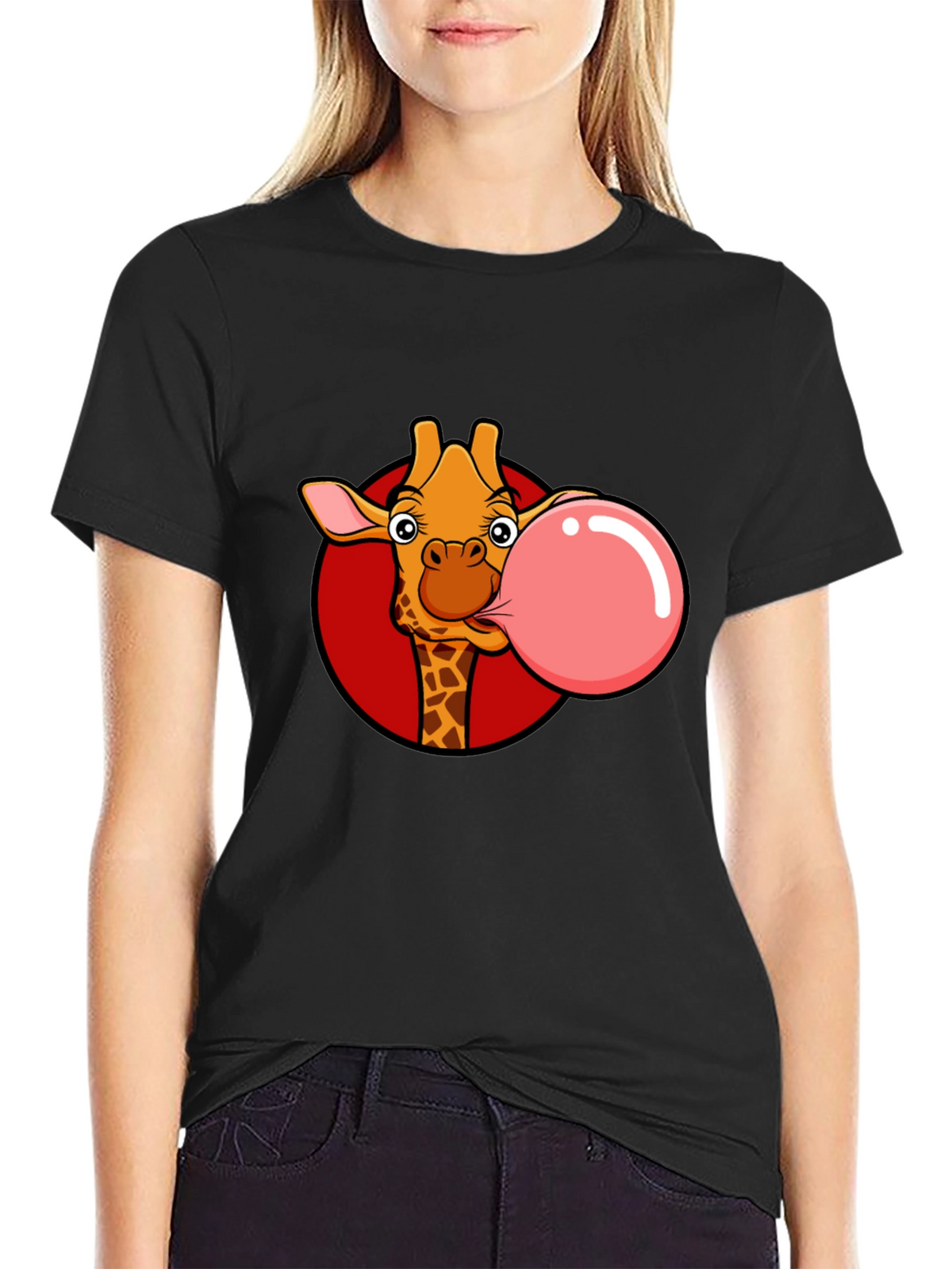 Giraffe Bubble Gum Graphic Tee - Fun Black T-Shirt