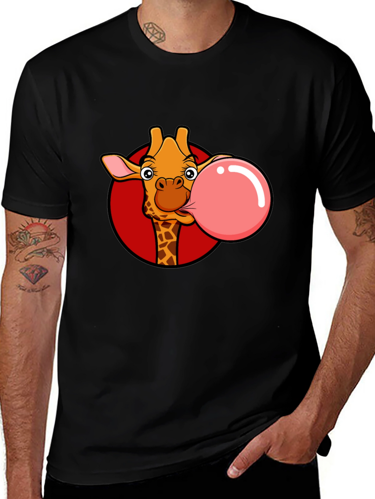 Giraffe Bubble Gum Graphic Tee - Fun Black T-Shirt