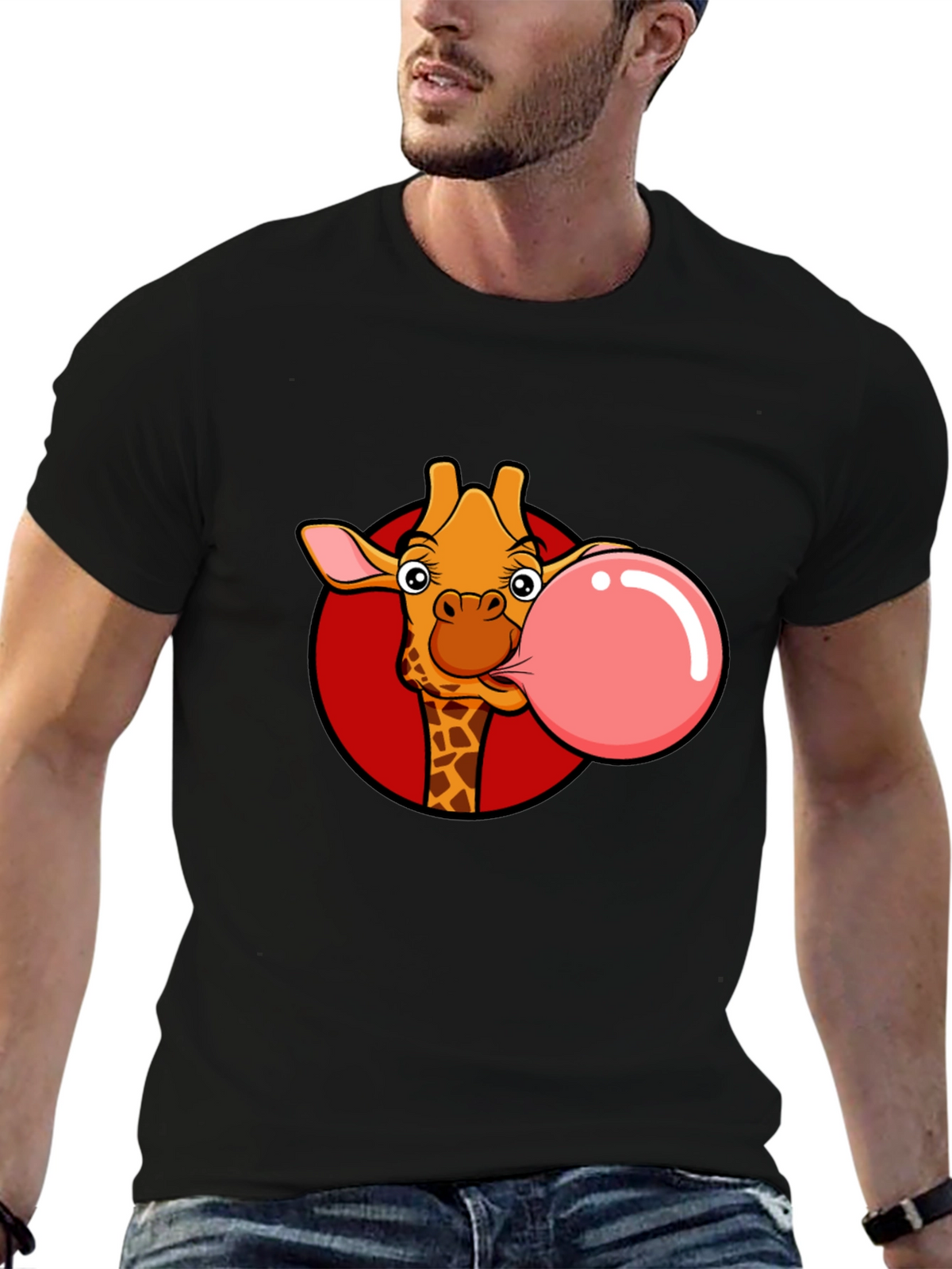 Giraffe Bubble Gum Graphic Tee - Fun Black T-Shirt