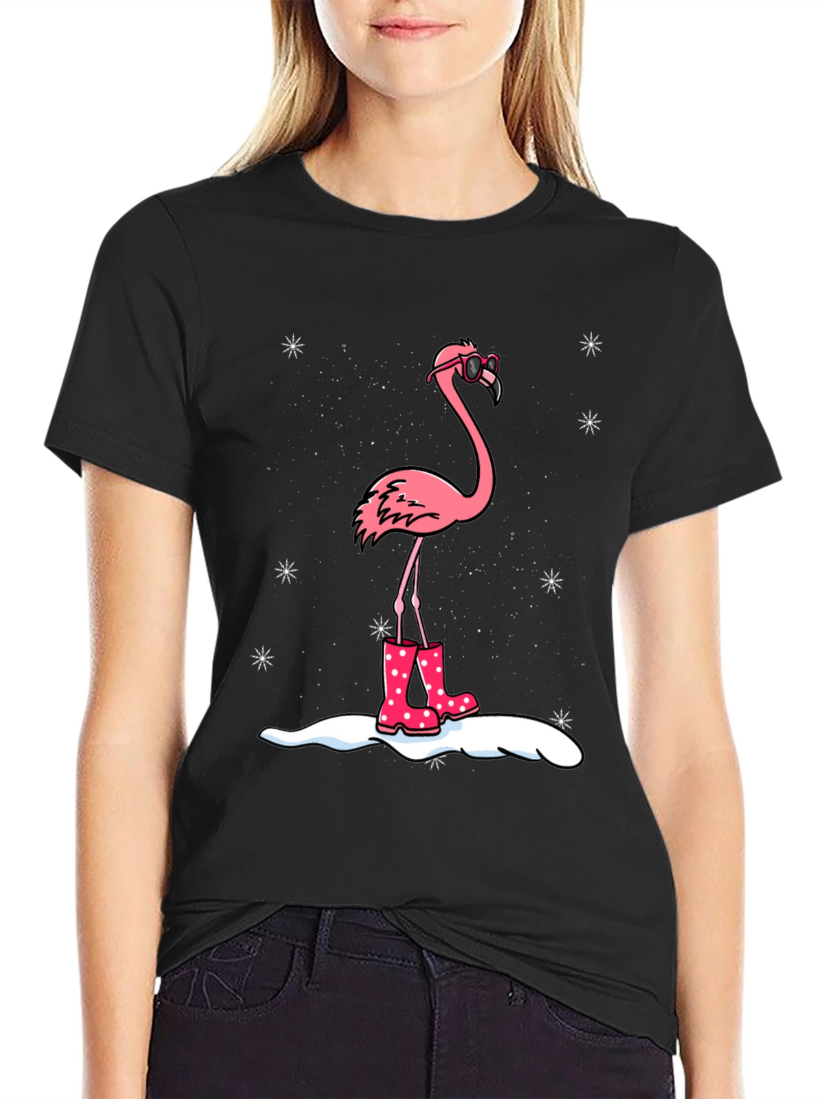Flamingo in Boots Black T-Shirt